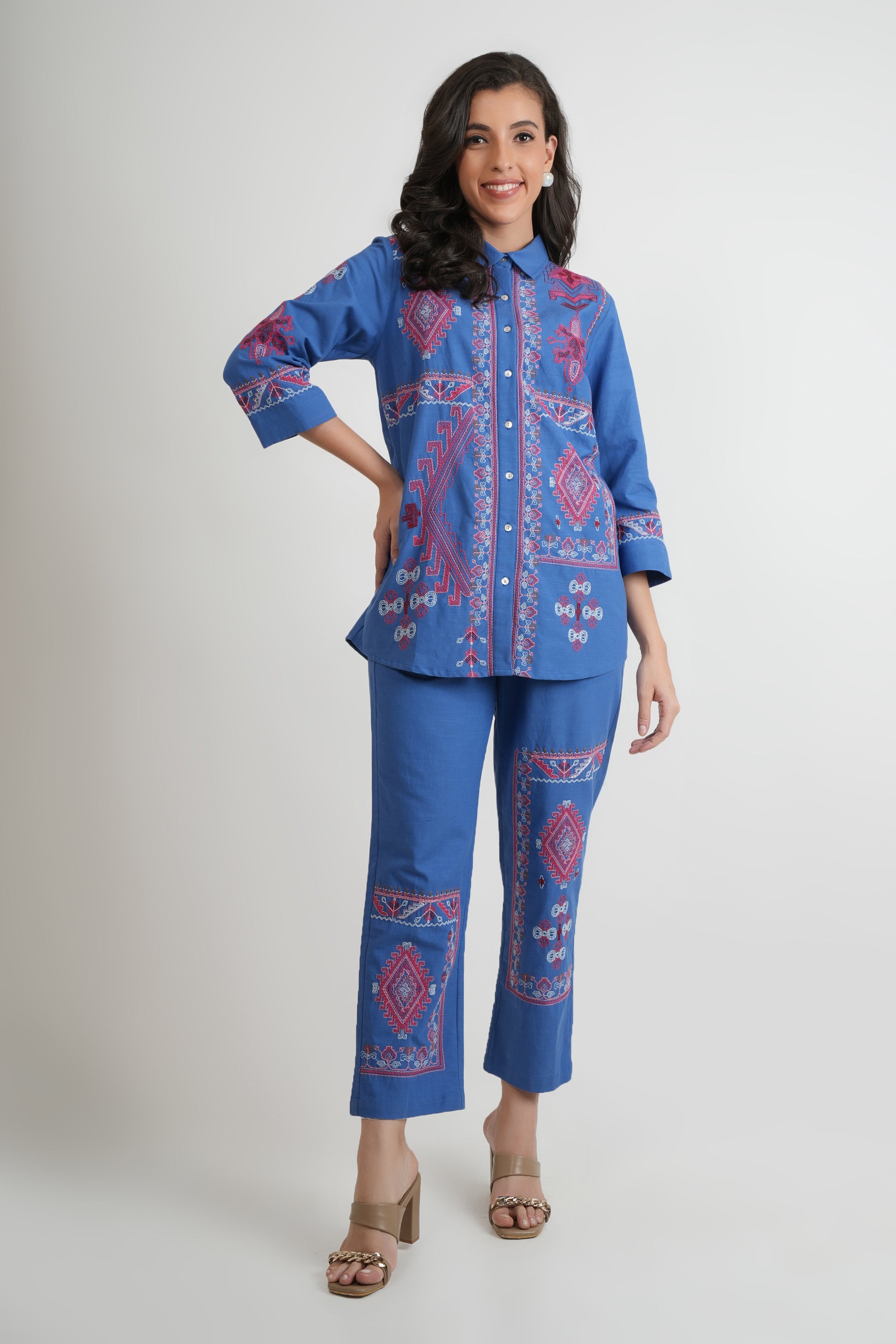 Blue Embroidered Organic Cotton Co-Ord Set