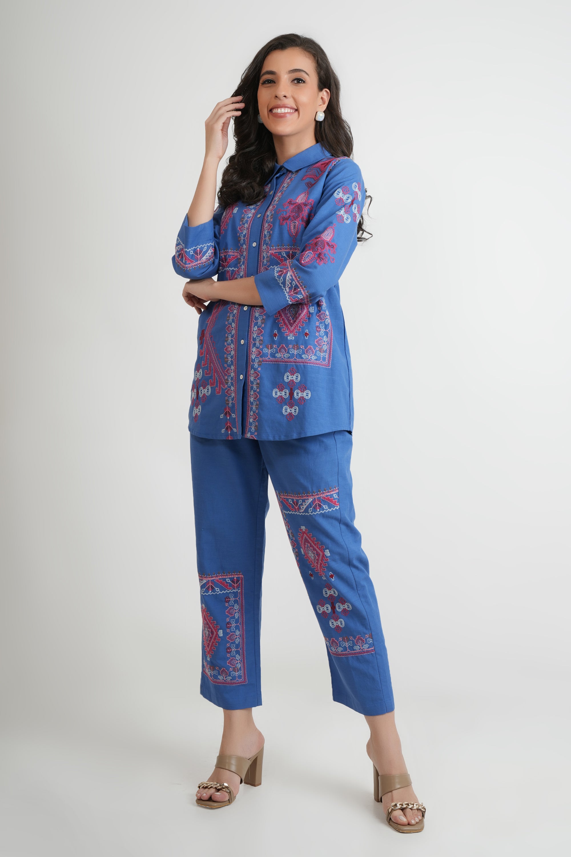 Blue Embroidered Organic Cotton Co-Ord Set