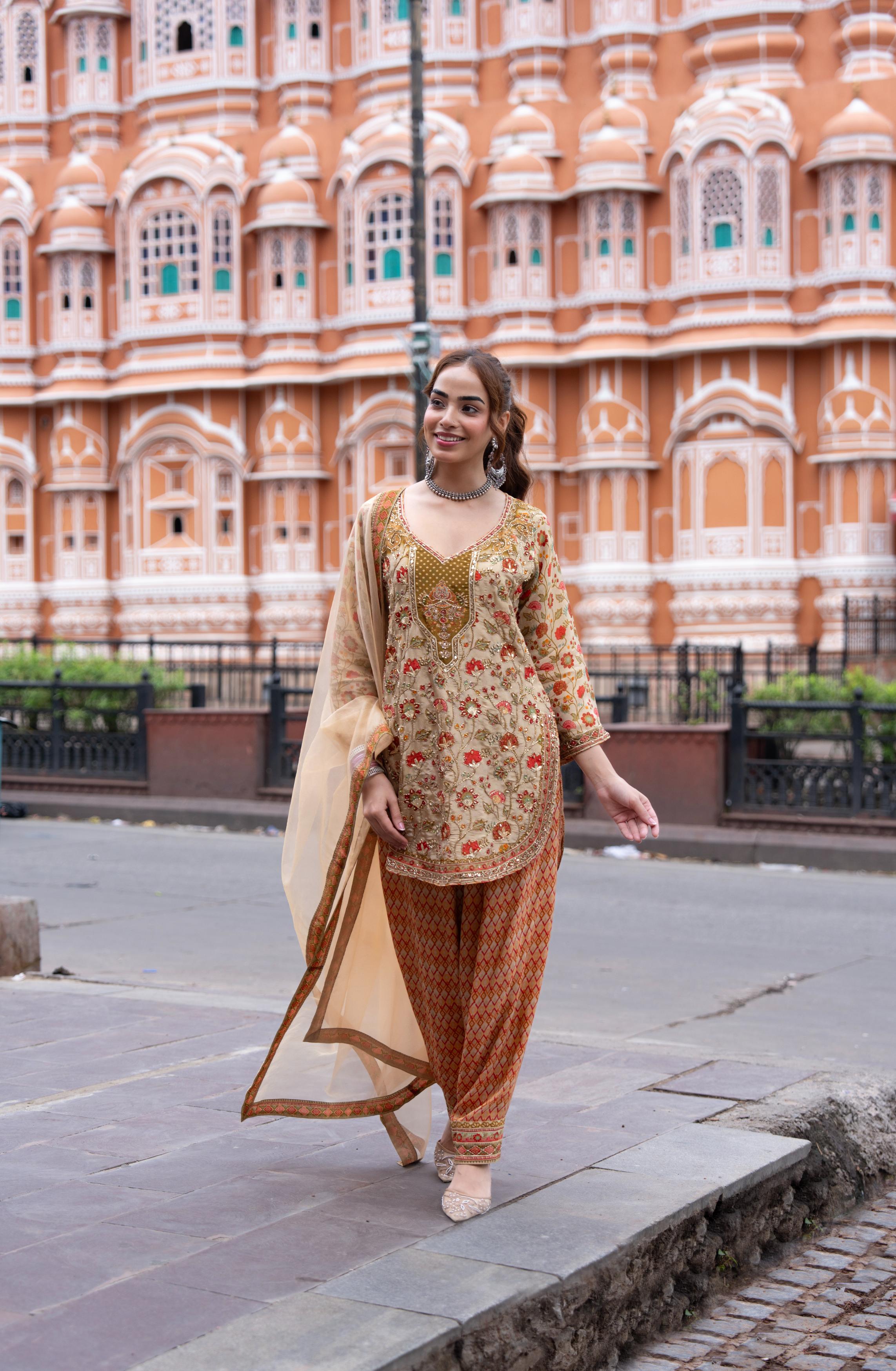 Golden Cream Embellished Shimmer Silk Salwar Set