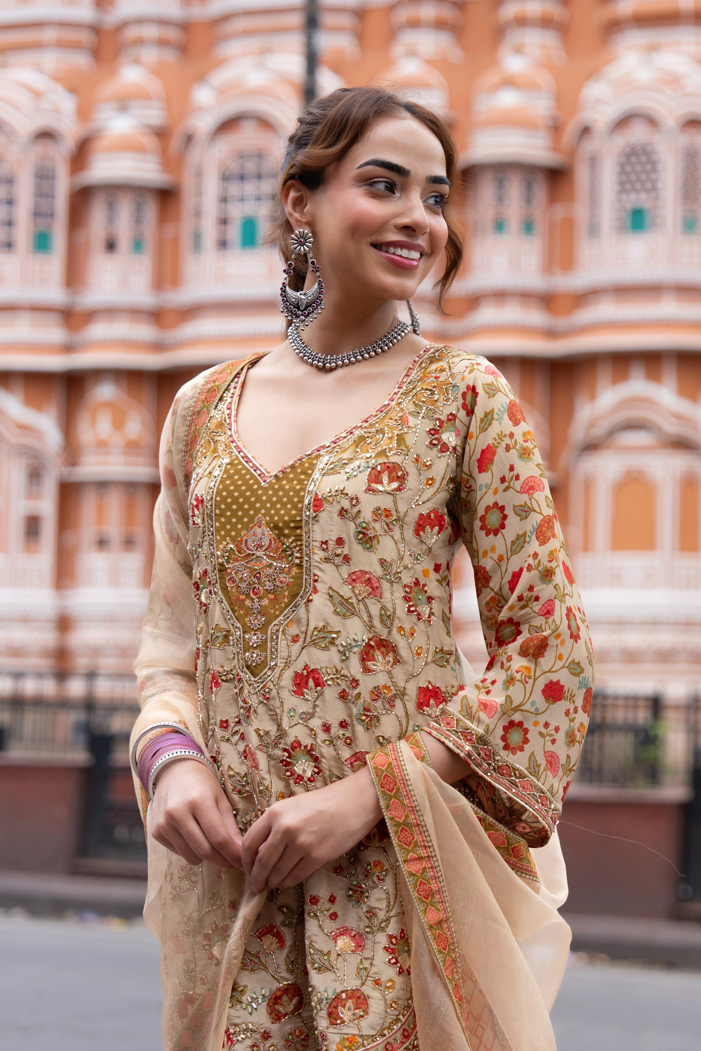 Golden Cream Embellished Shimmer Silk Salwar Set
