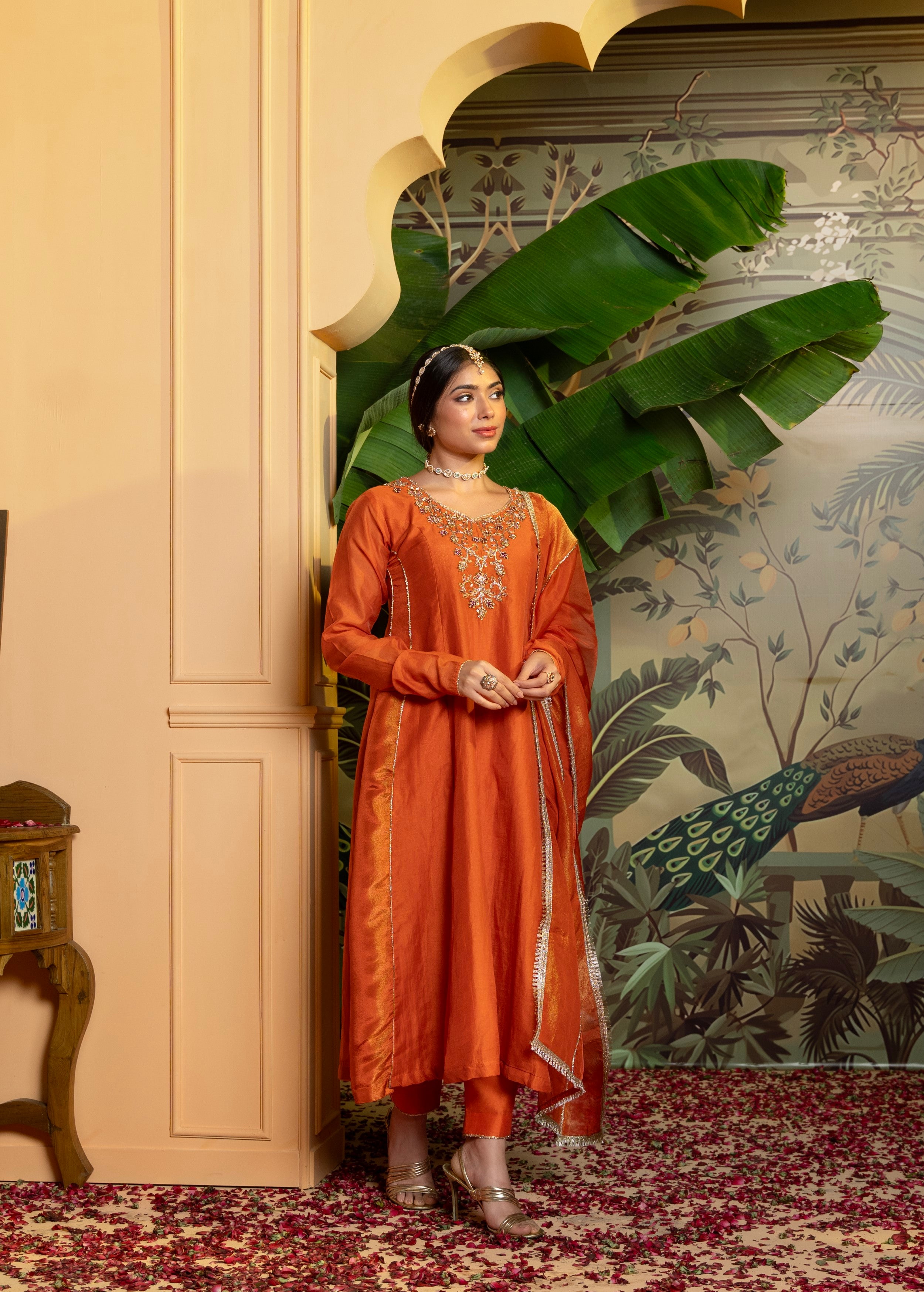 Saffron Orange Embellished Chanderi Silk Pant Set
