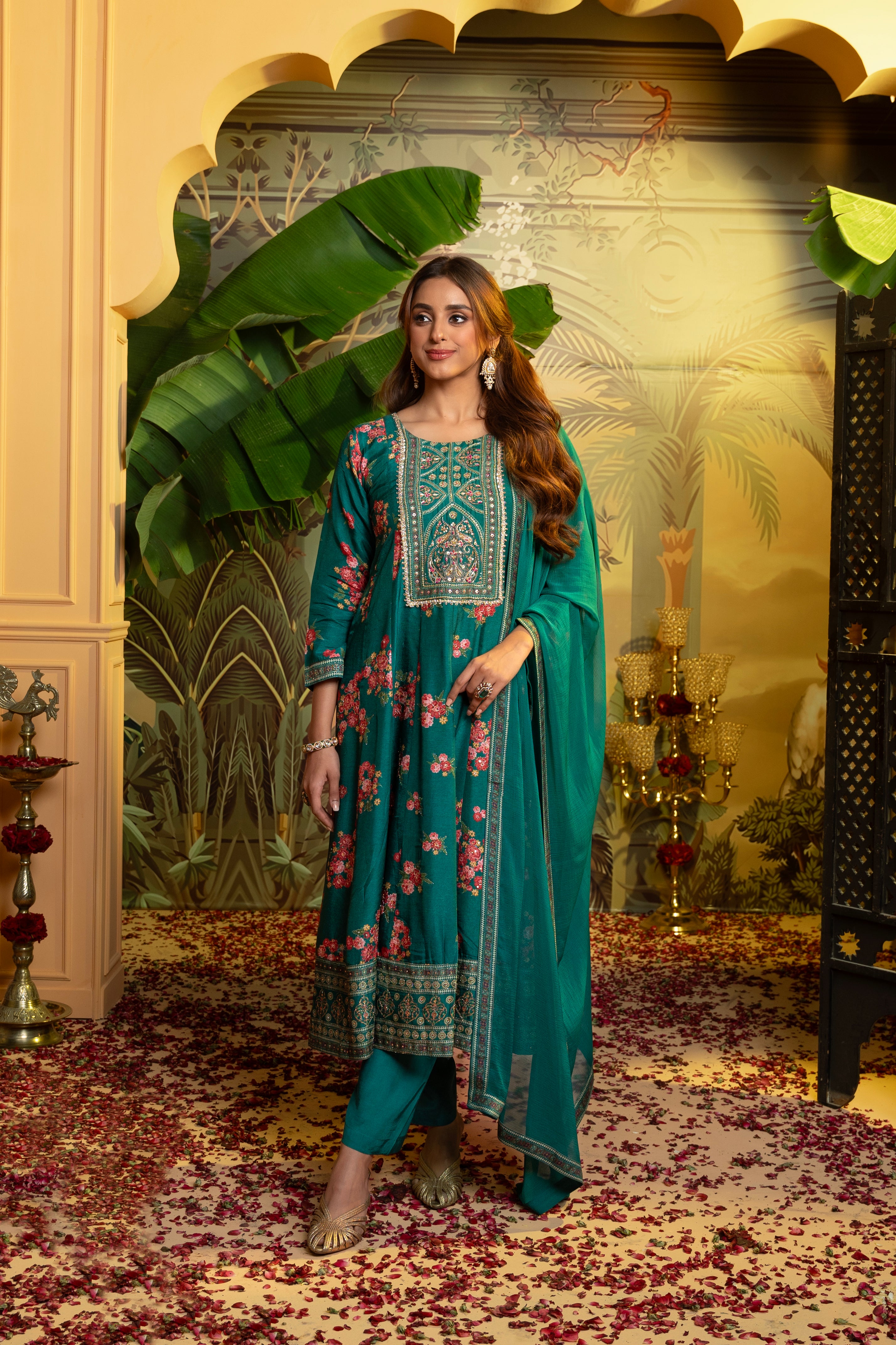 Deep Green Embellished Dola Silk Anarkali Set