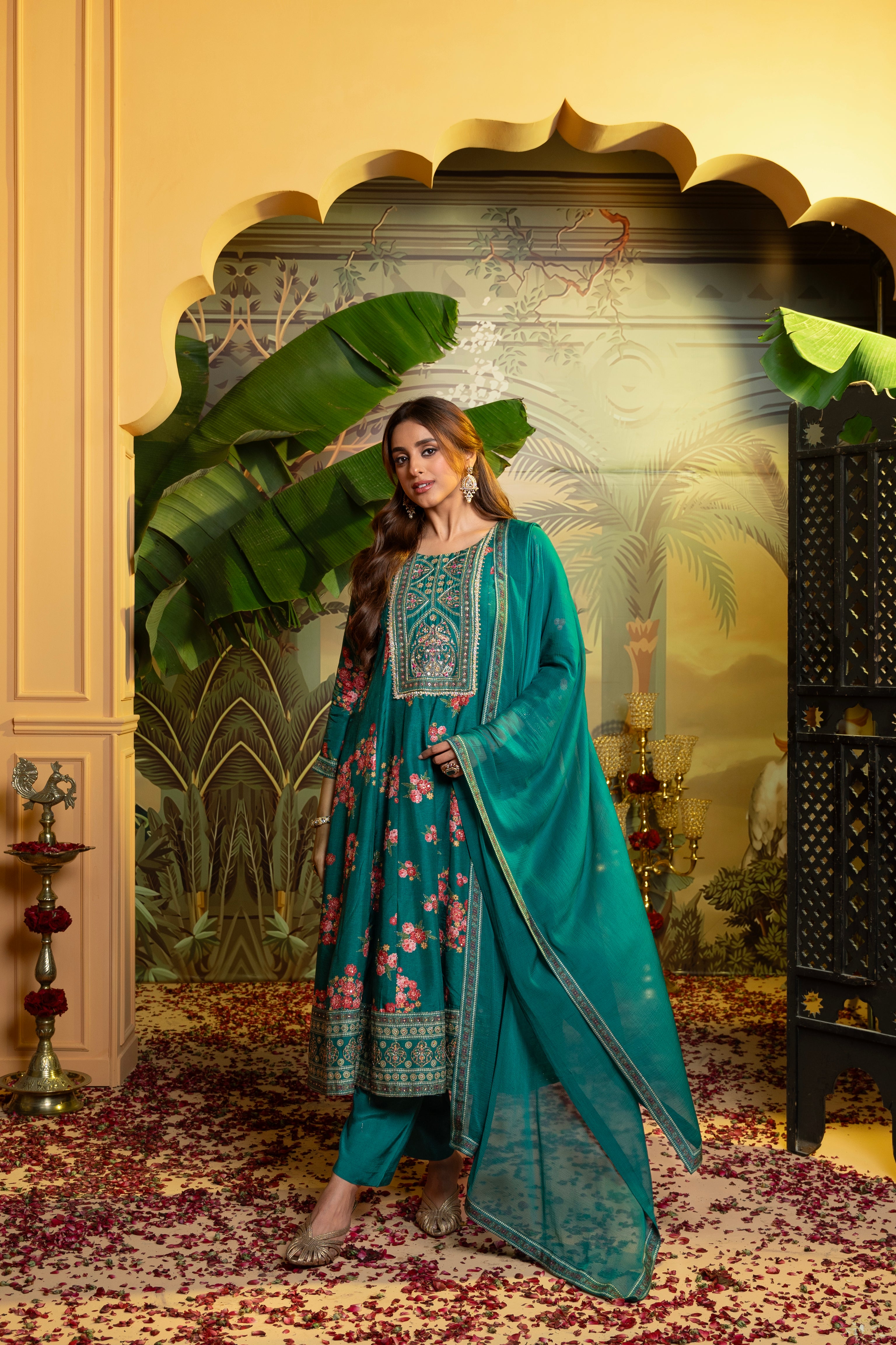Deep Green Embellished Dola Silk Anarkali Set