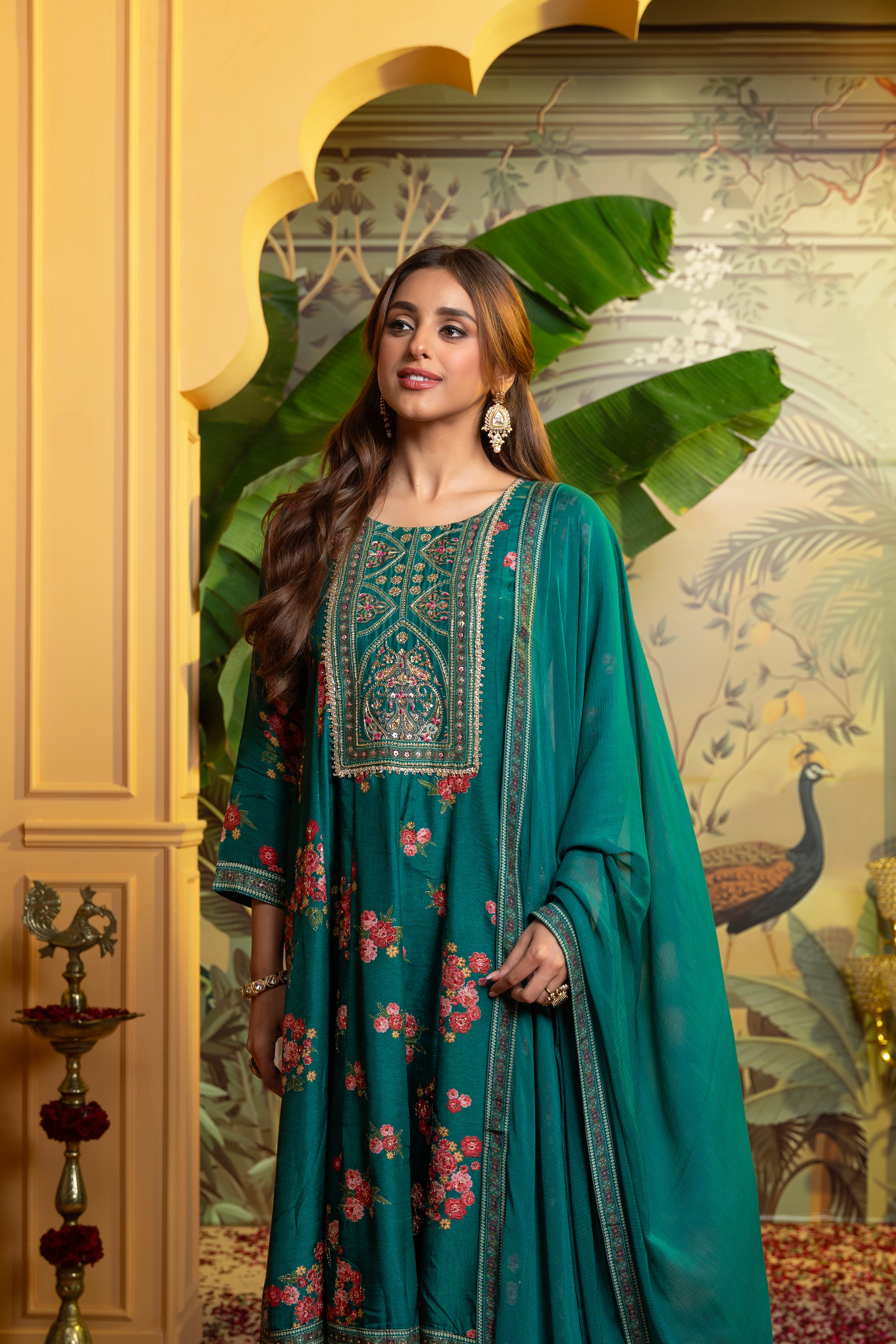 Deep Green Embellished Dola Silk Anarkali Set
