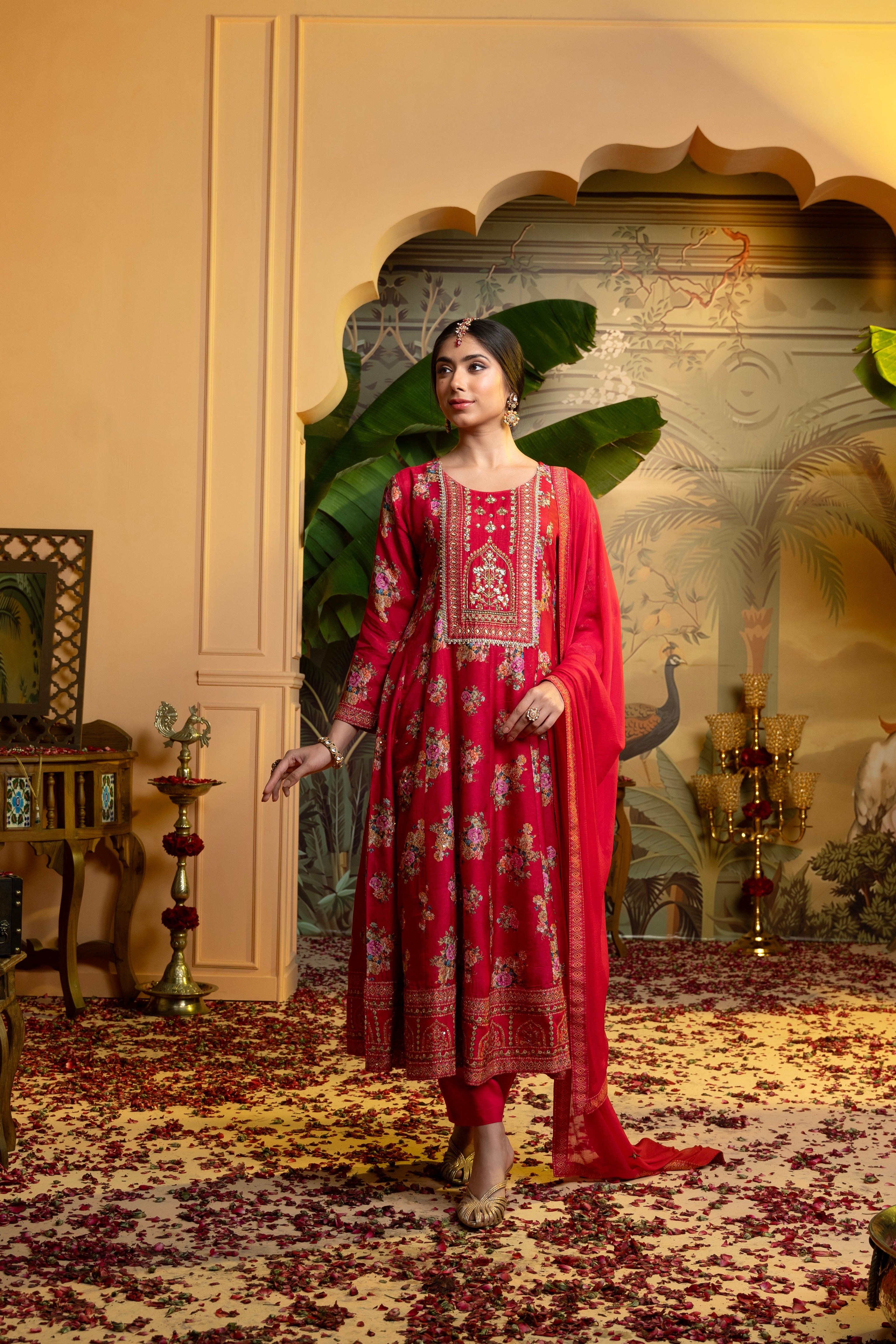 Bright Red Embellished Dola Silk Anarkali Set