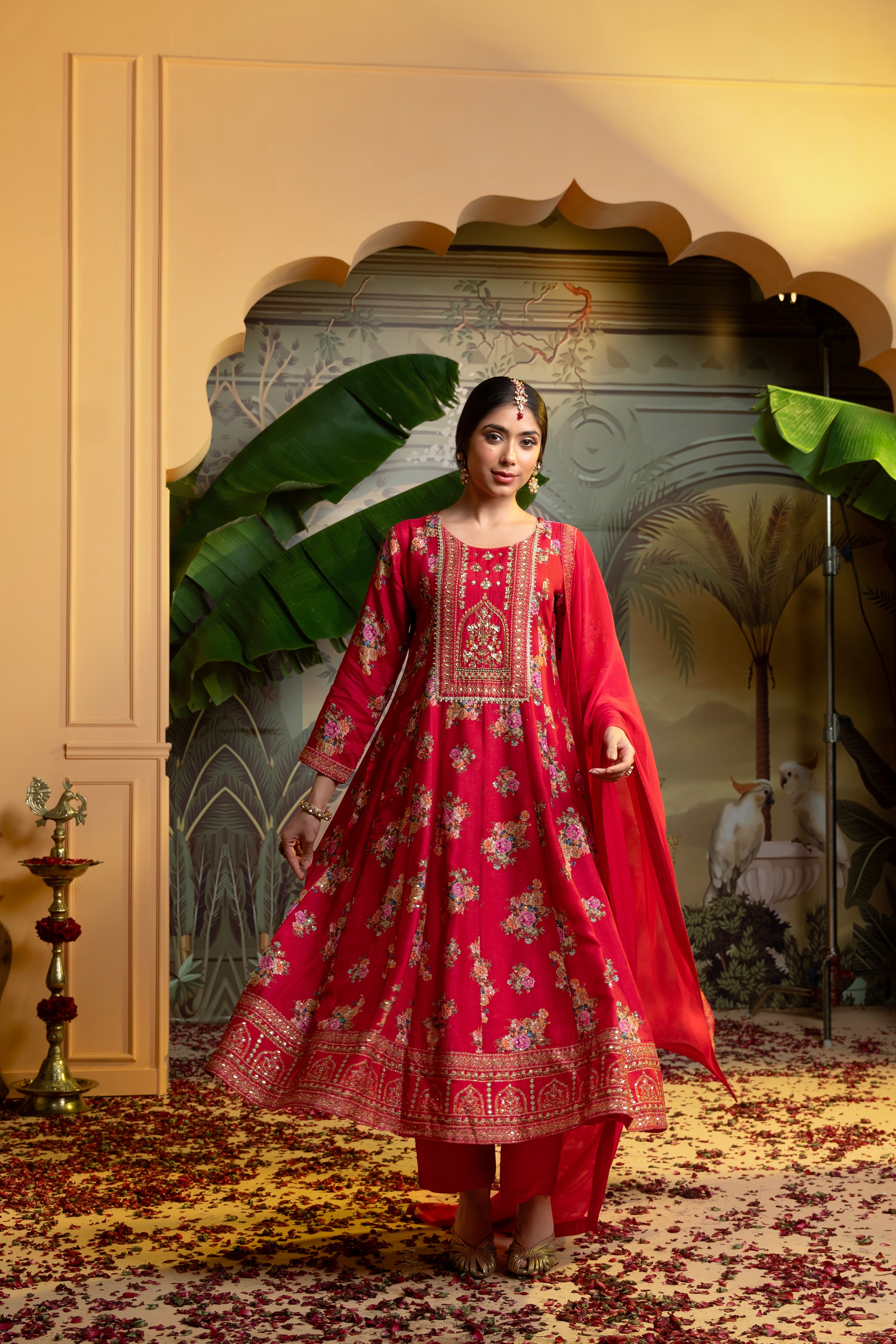Bright Red Embellished Dola Silk Anarkali Set
