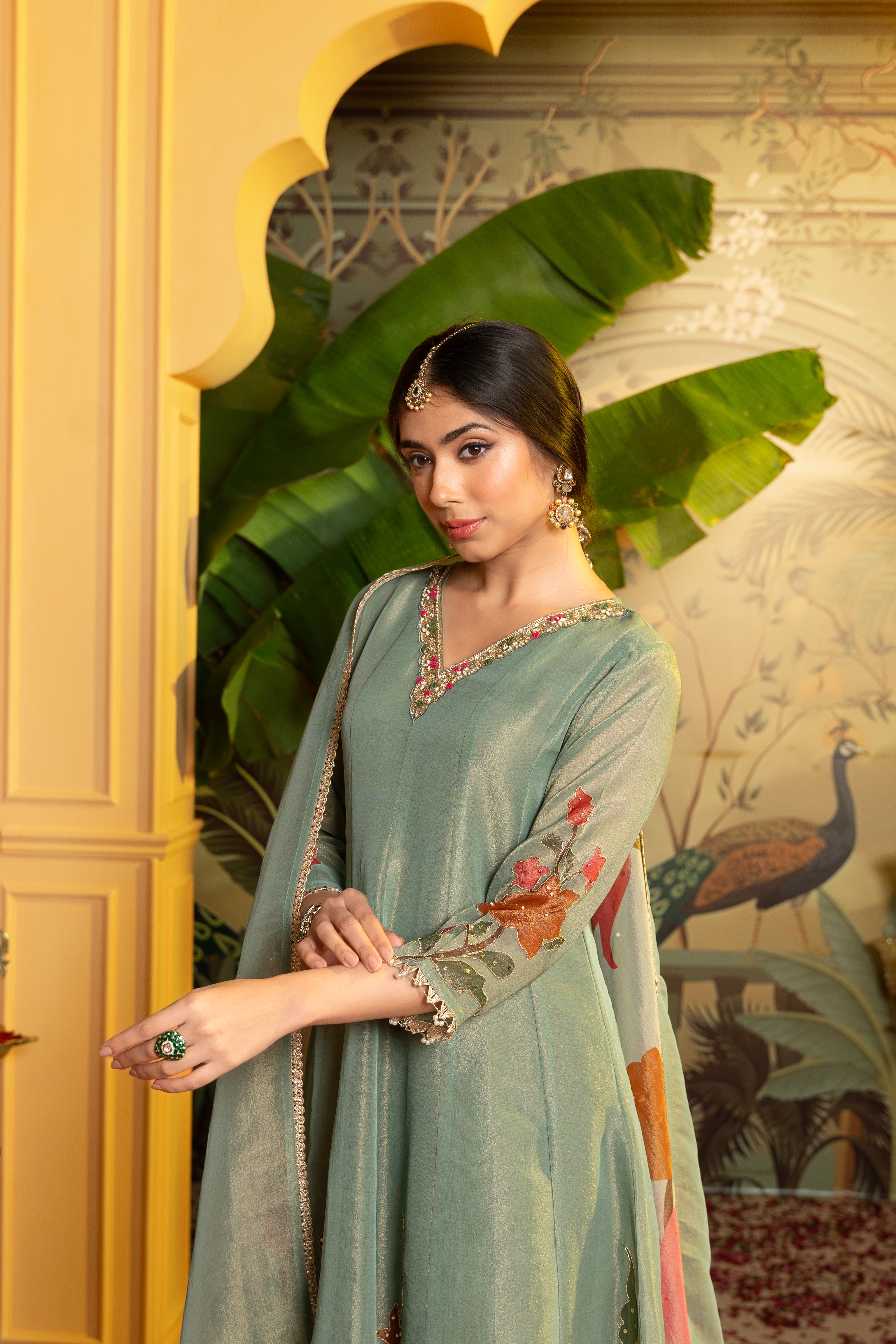 Pastel Green Embellished Tissue Silk Anarkali Set
