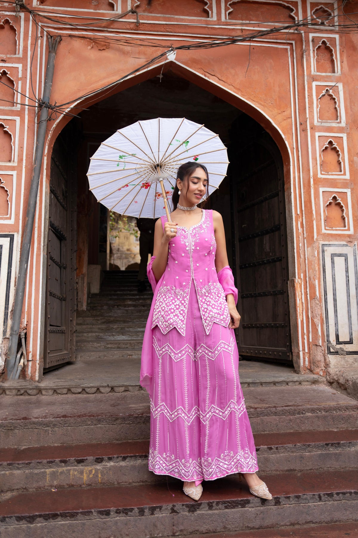 Bubblegum Pink Embellished Premium Silk Palazzo Set