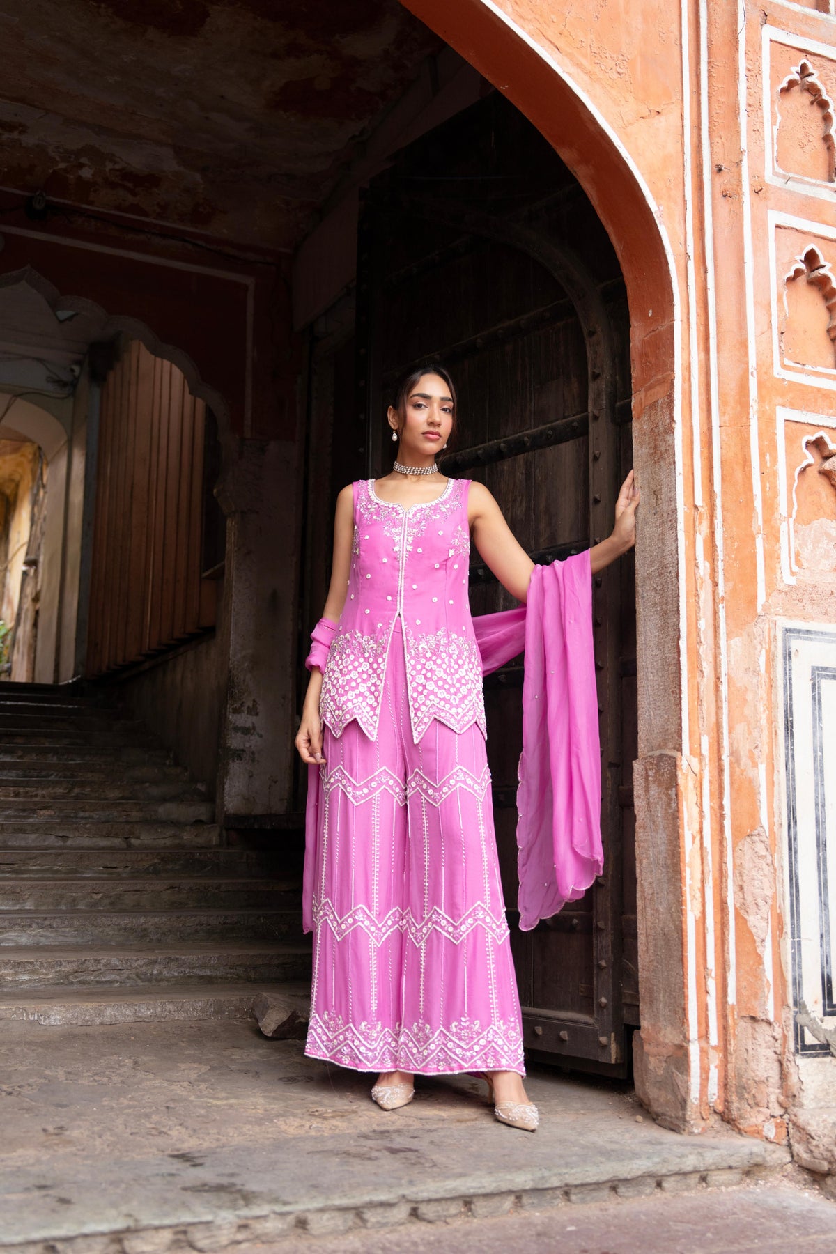 Bubblegum Pink Embellished Premium Silk Palazzo Set