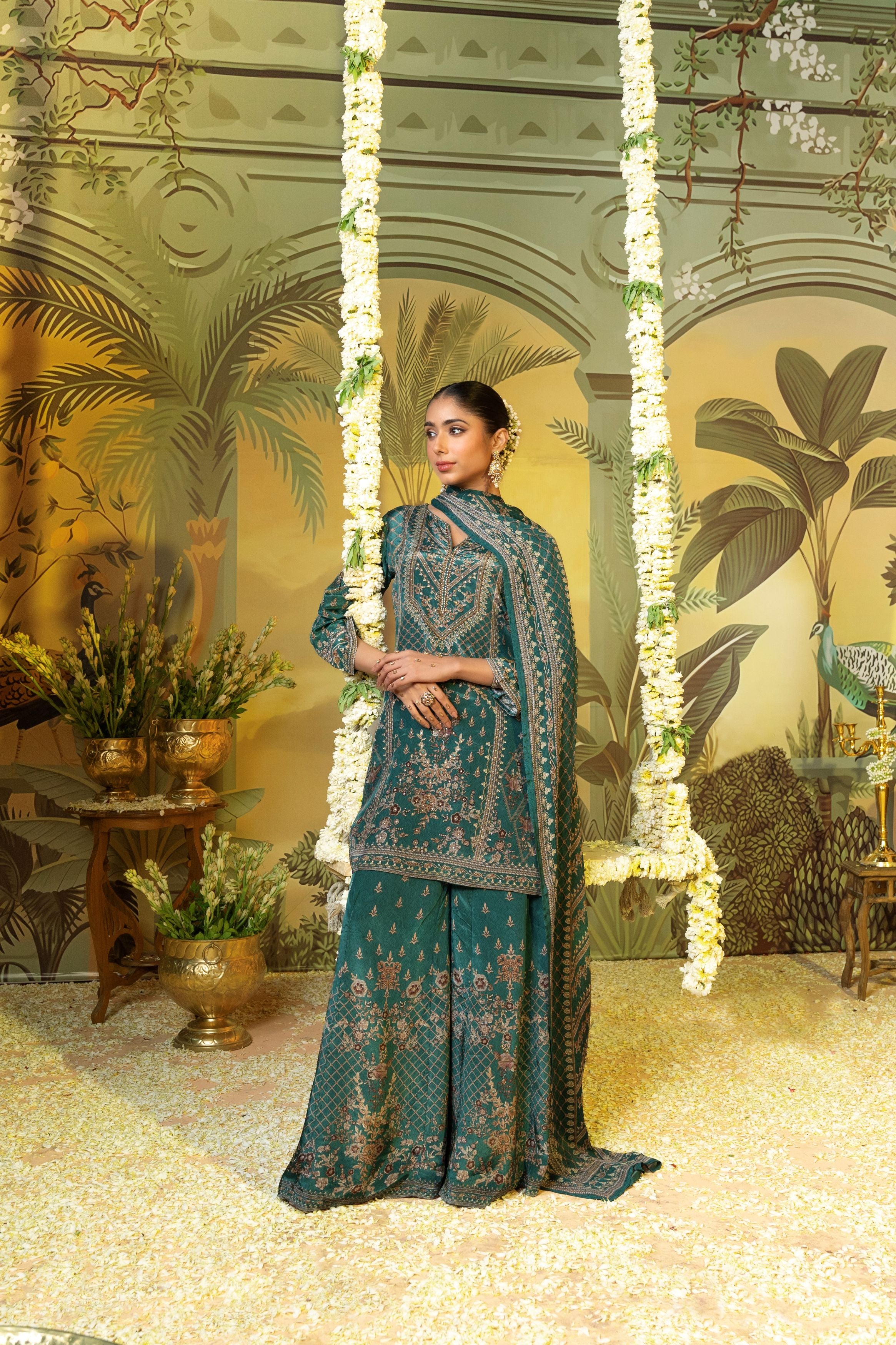 Bright Green Printed Muslin Silk Palazzo Set