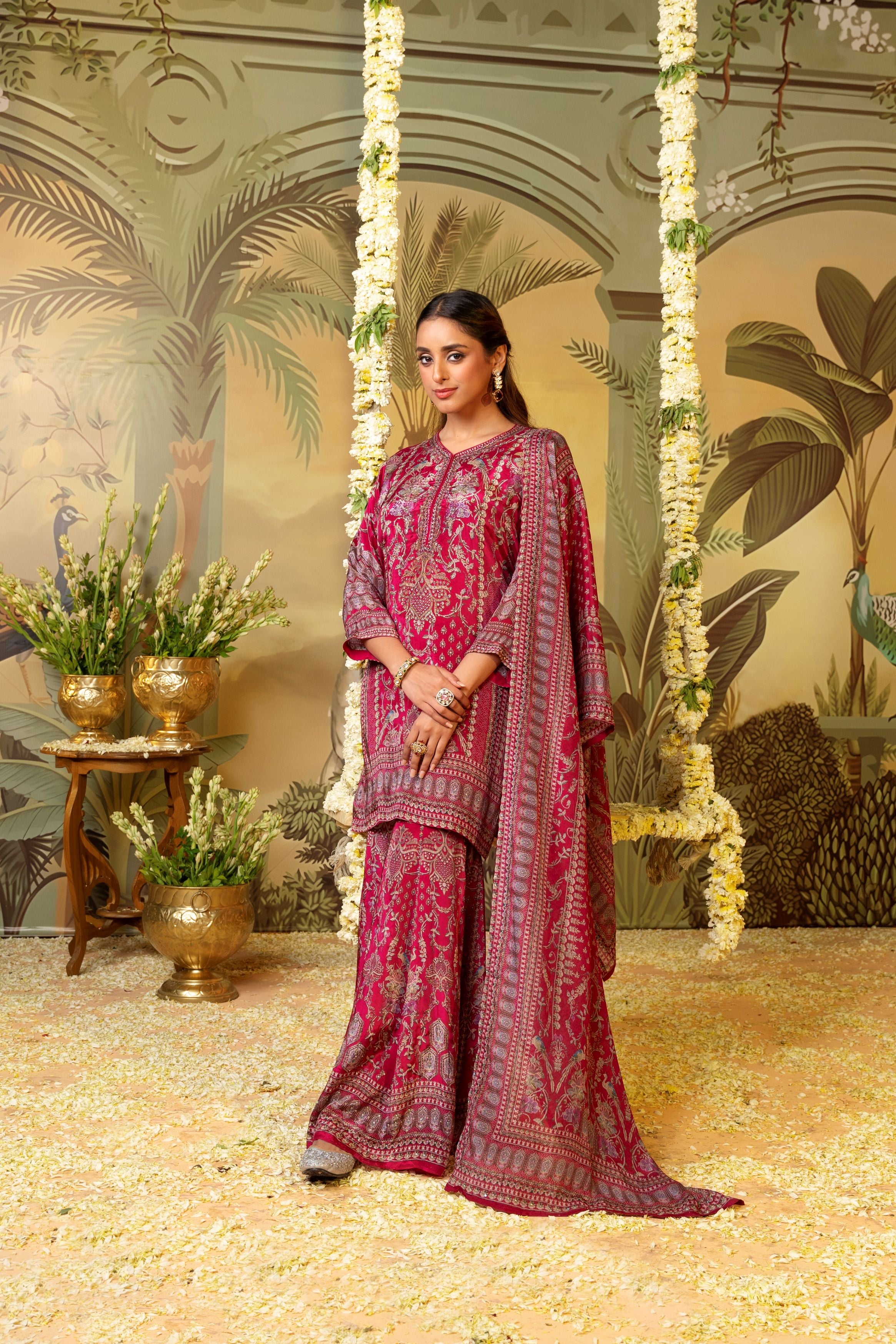 Bright Pink Printed Muslin Silk Palazzo Set