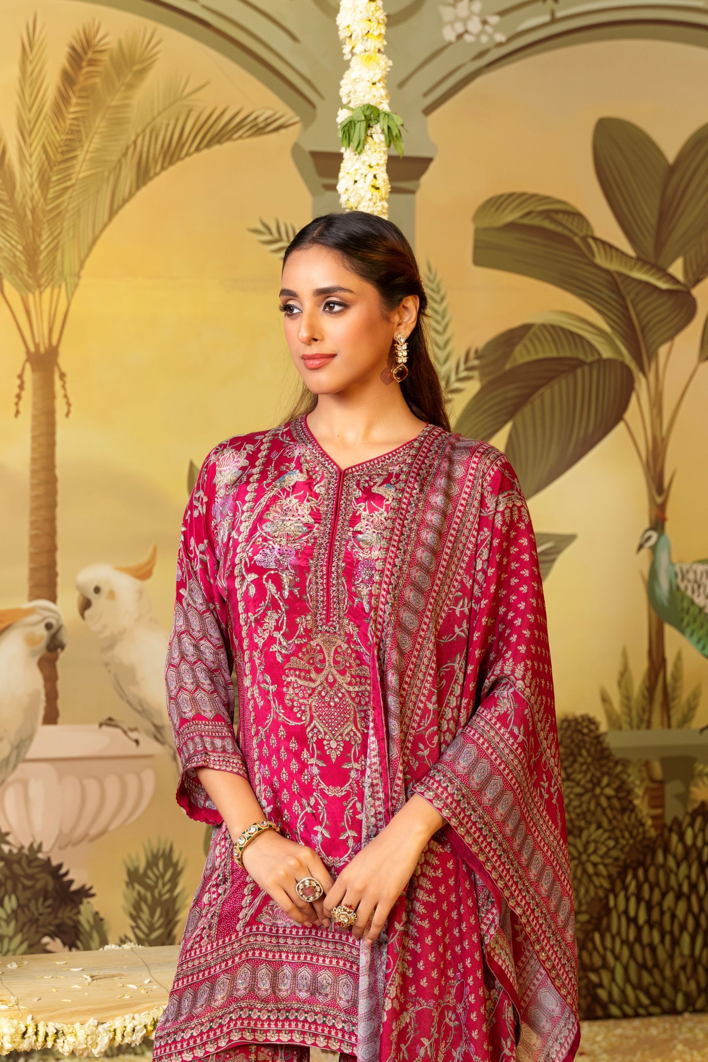 Bright Pink Printed Muslin Silk Palazzo Set
