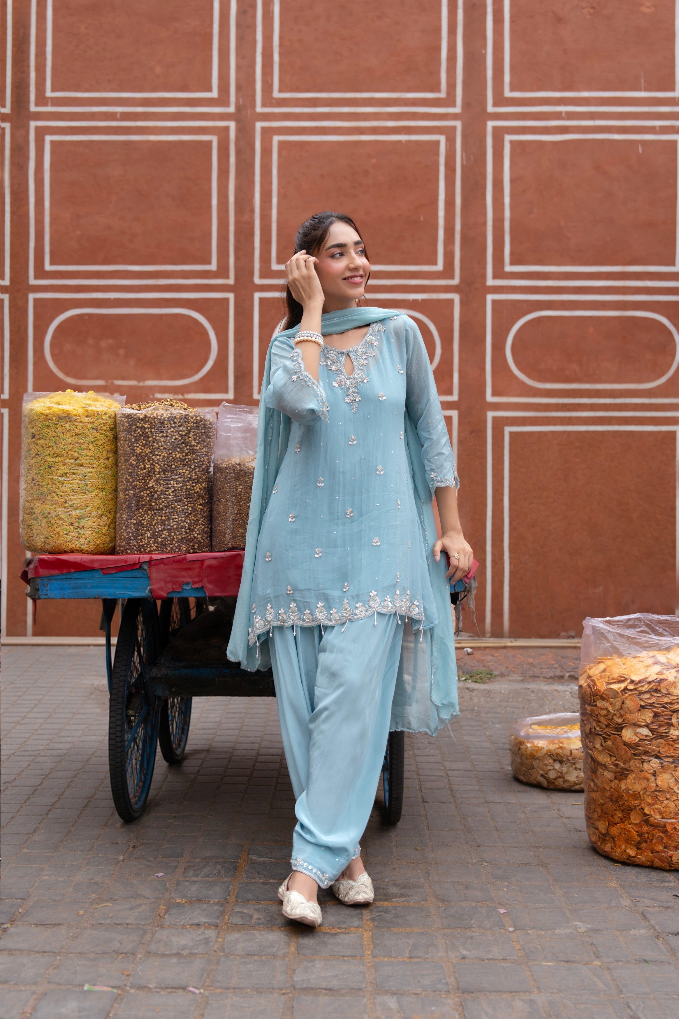Mist Blue Embellished Tissue Silk Pants Set