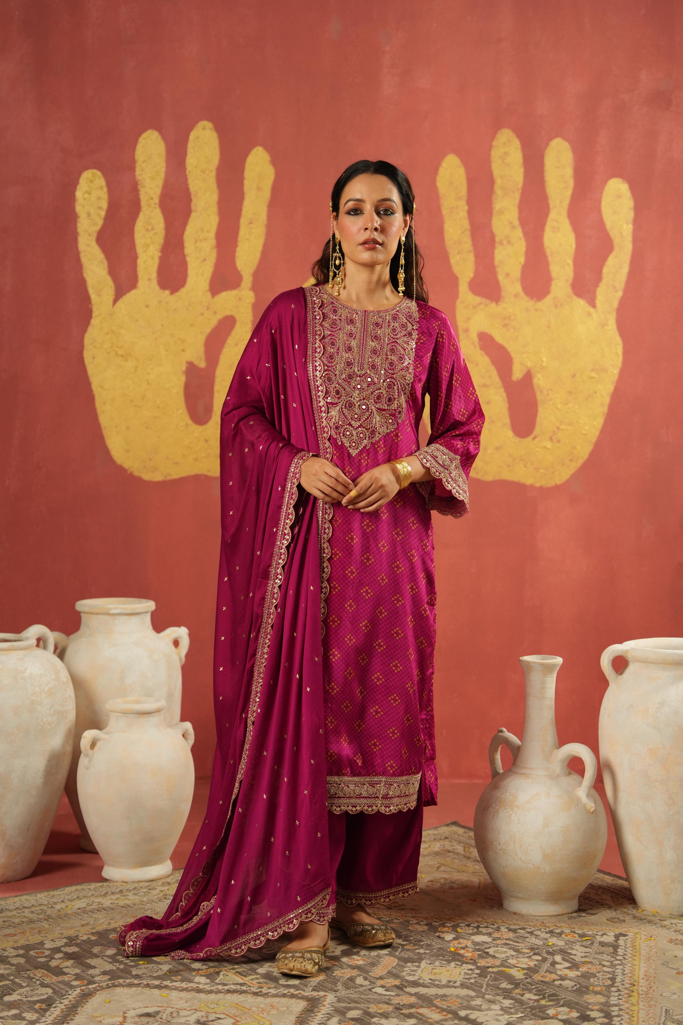 Magenta Pink Embellished Chinon Silk Pant Set