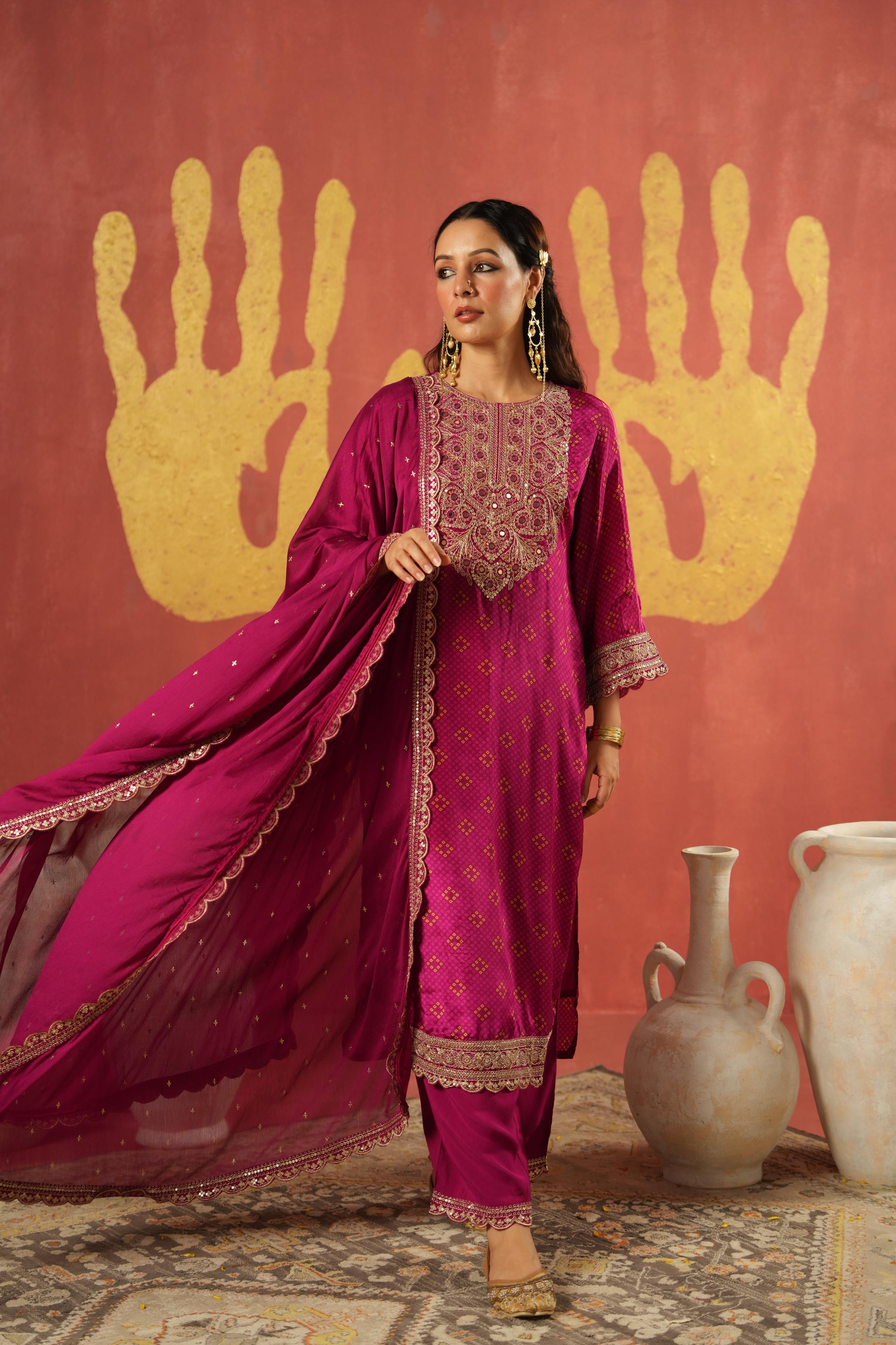 Magenta Pink Embellished Chinon Silk Pant Set