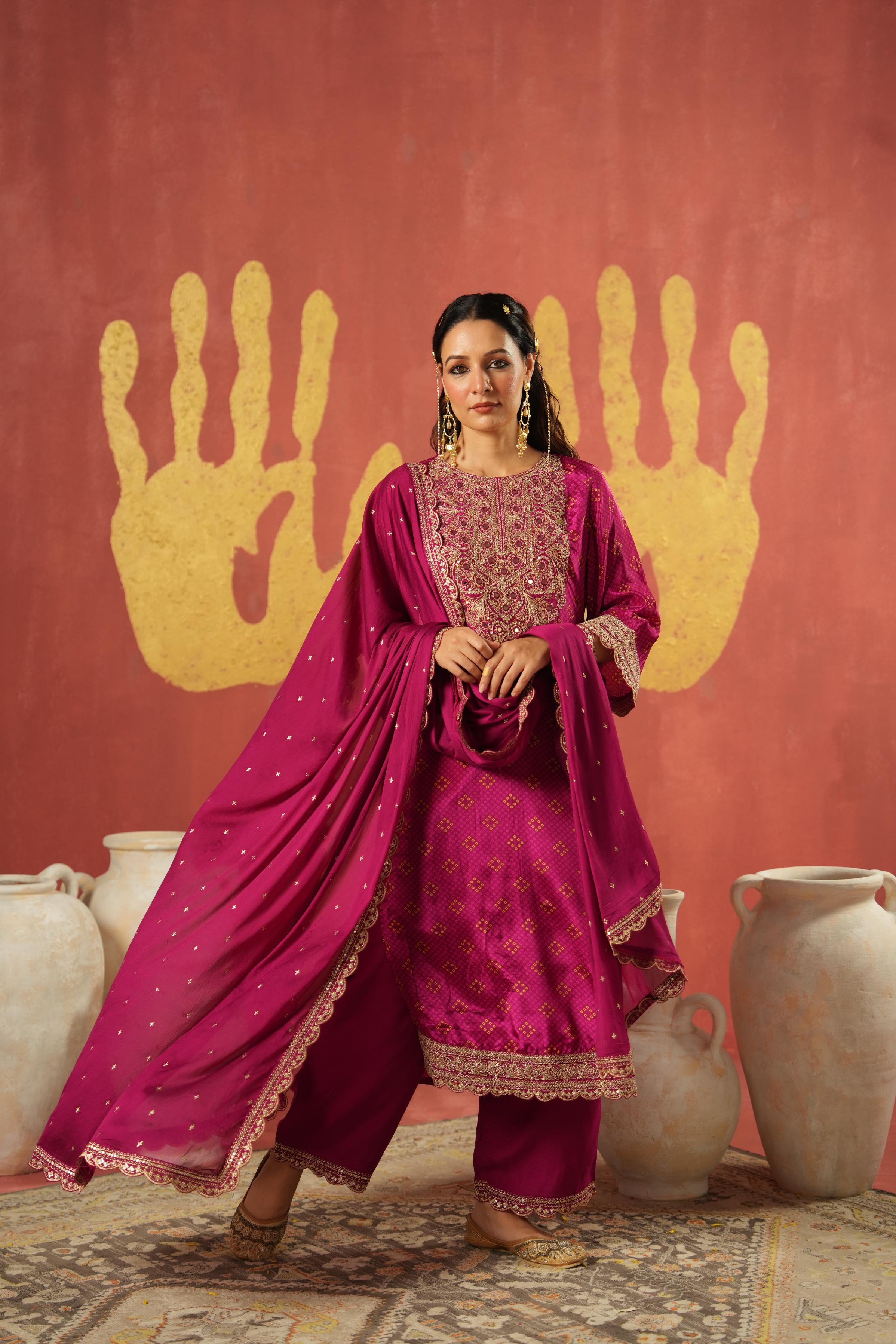 Magenta Pink Embellished Chinon Silk Pant Set