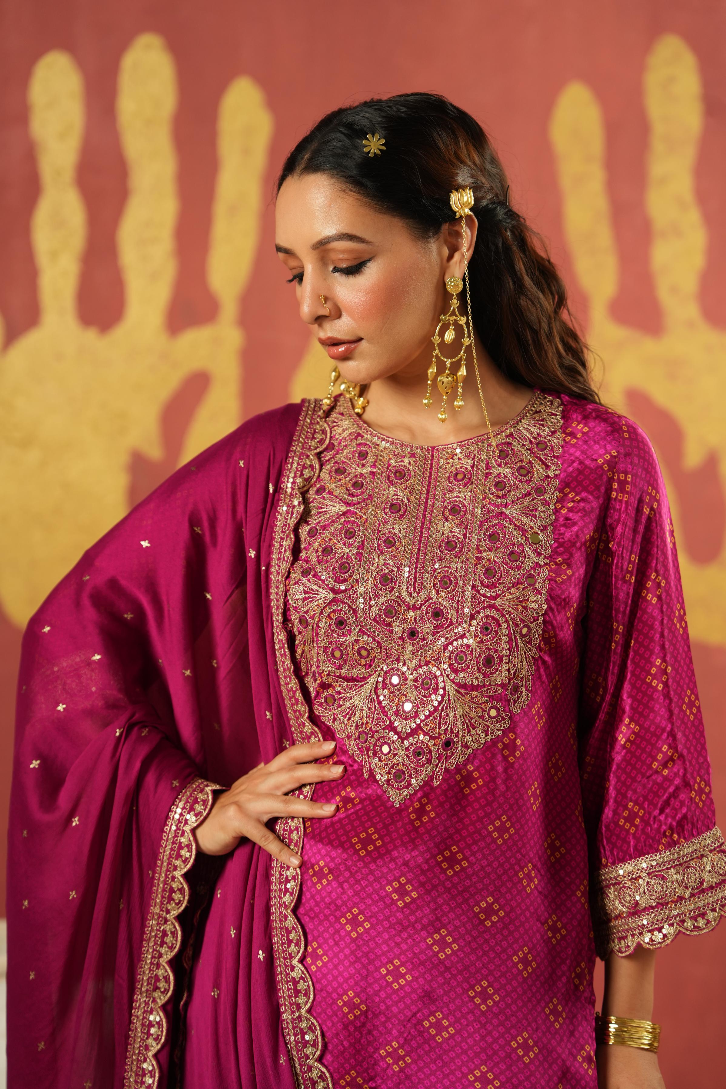 Magenta Pink Embellished Chinon Silk Pant Set