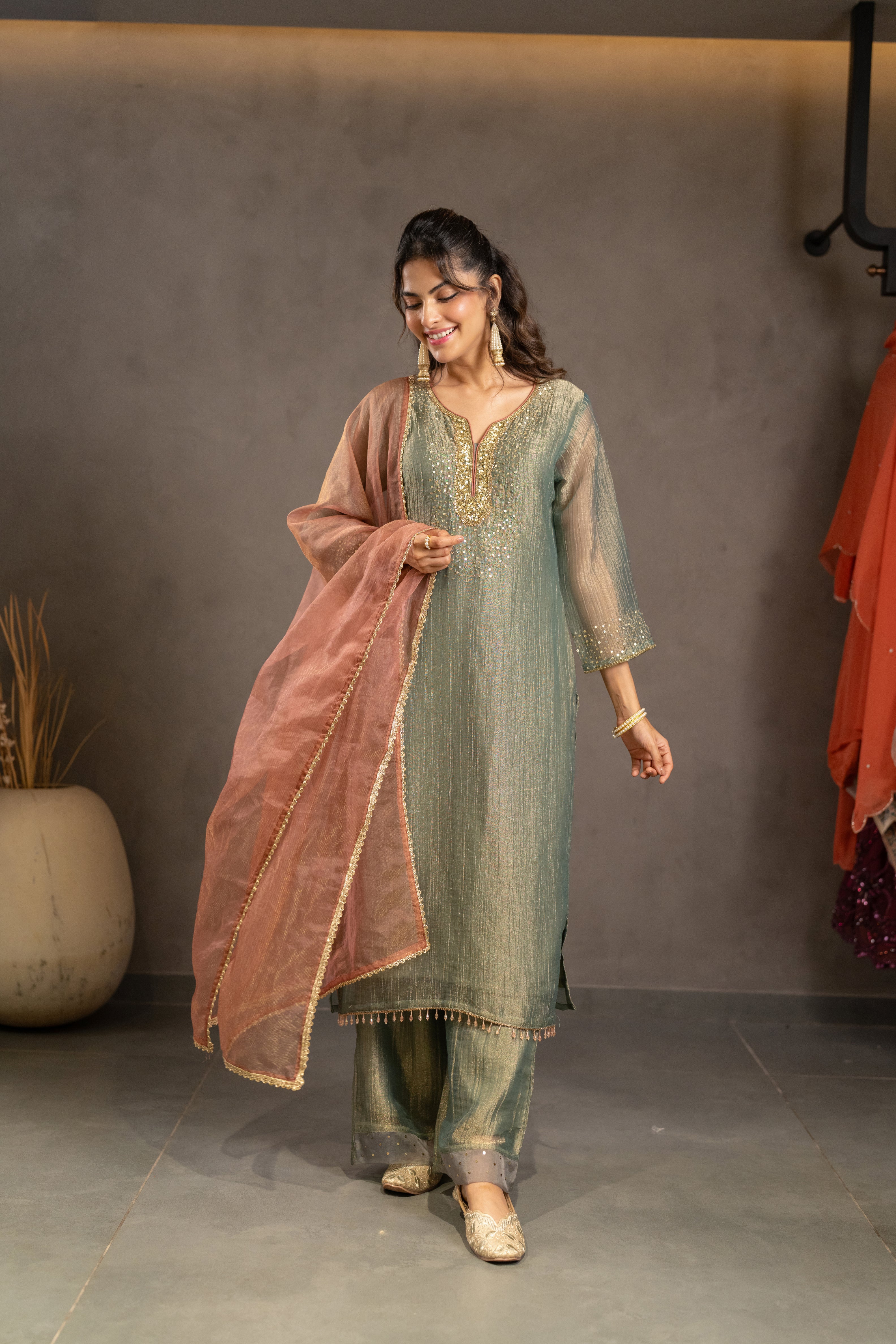 Olive Rose Embellished Tissue Silk Palazzo Set