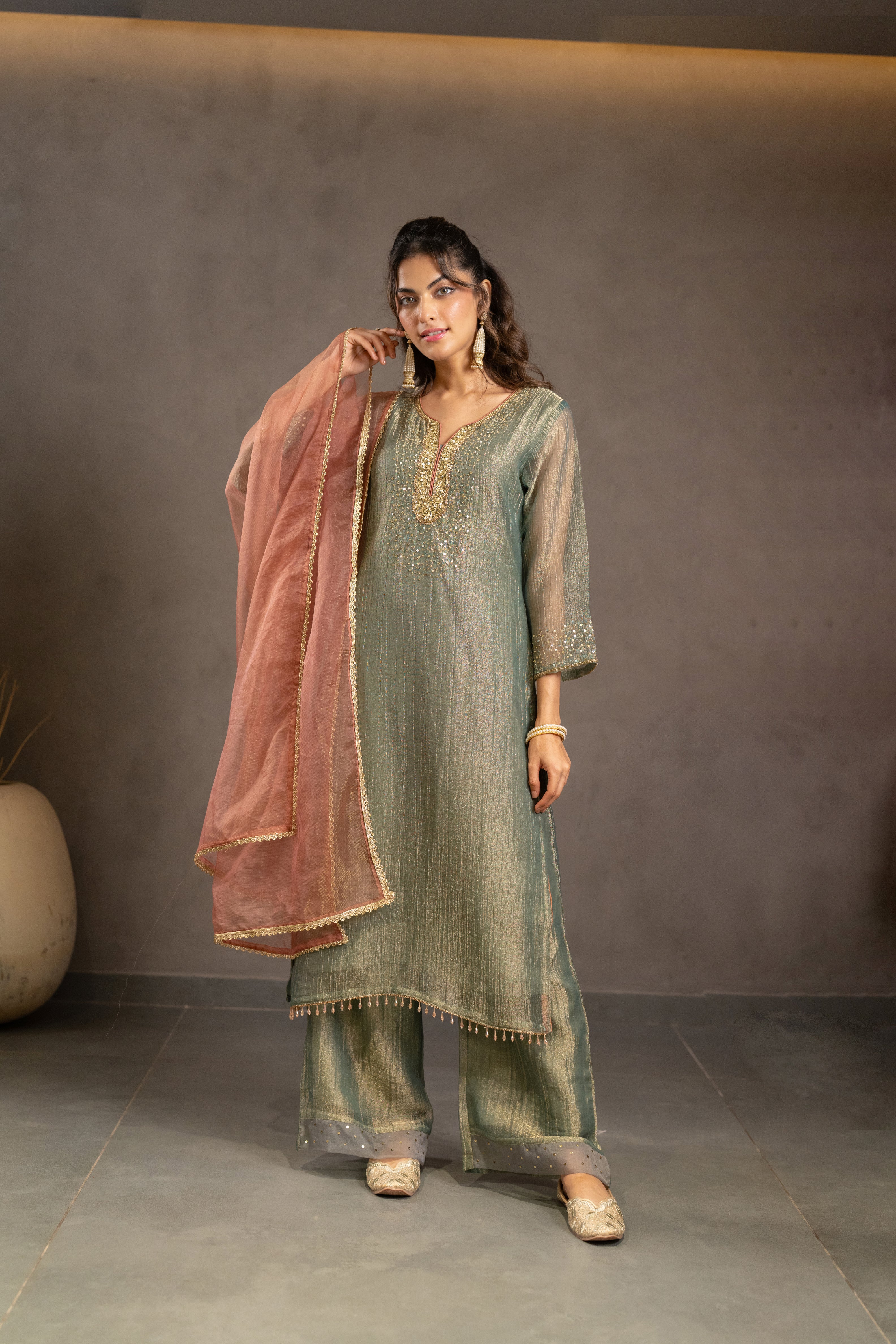 Olive Rose Embellished Tissue Silk Palazzo Set