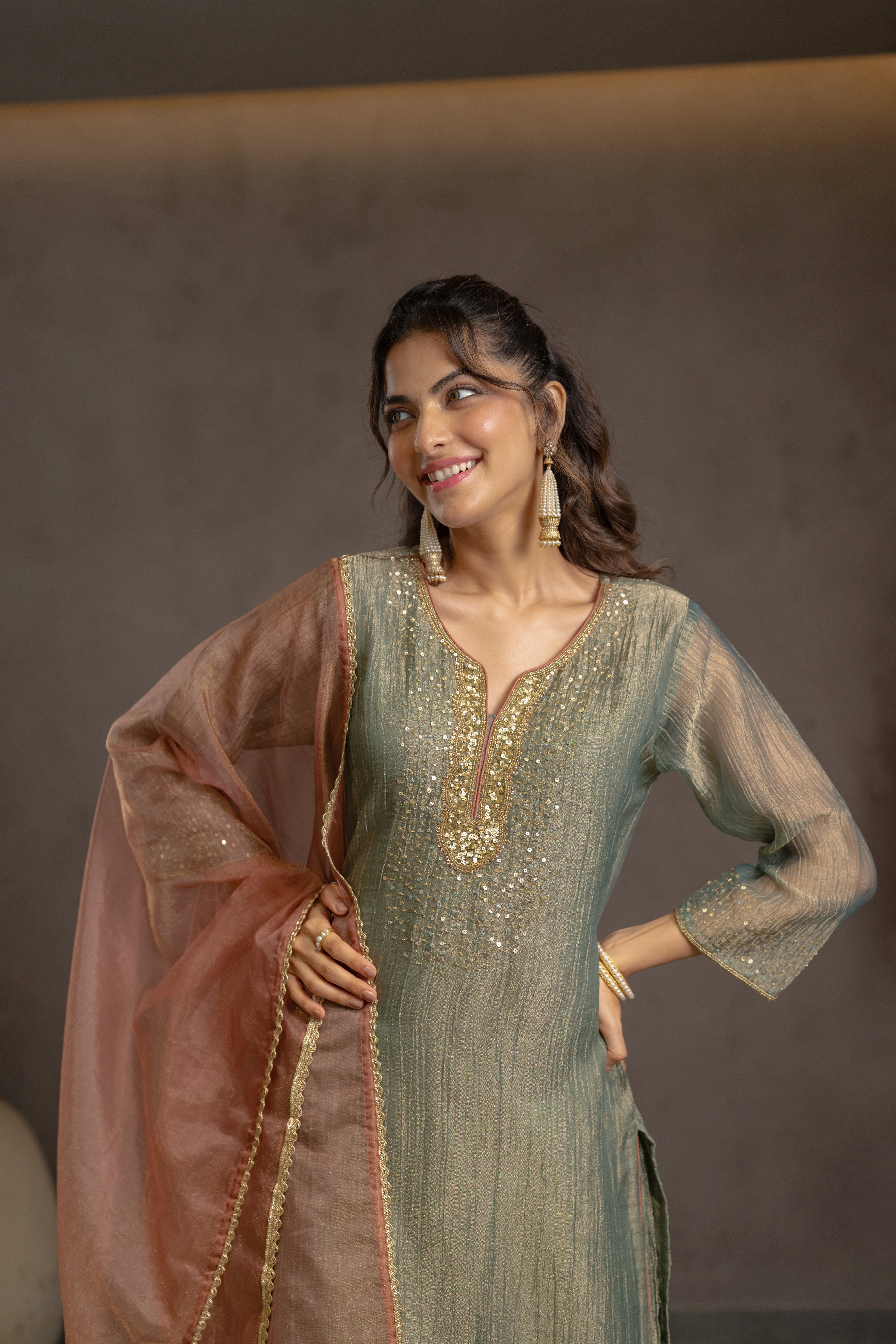 Olive Rose Embellished Tissue Silk Palazzo Set