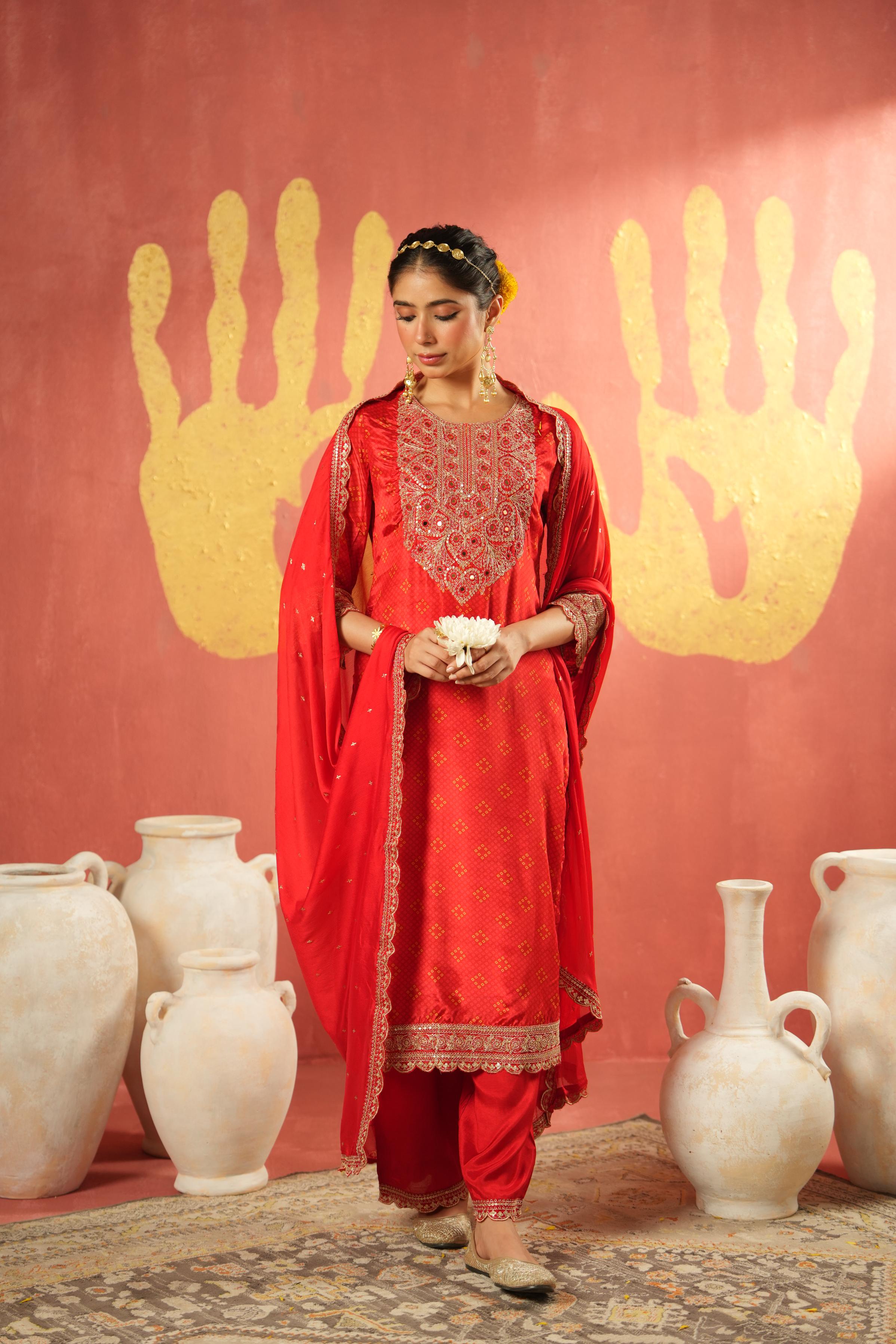 Crimson Red Embellished Chinon Silk Pant Set