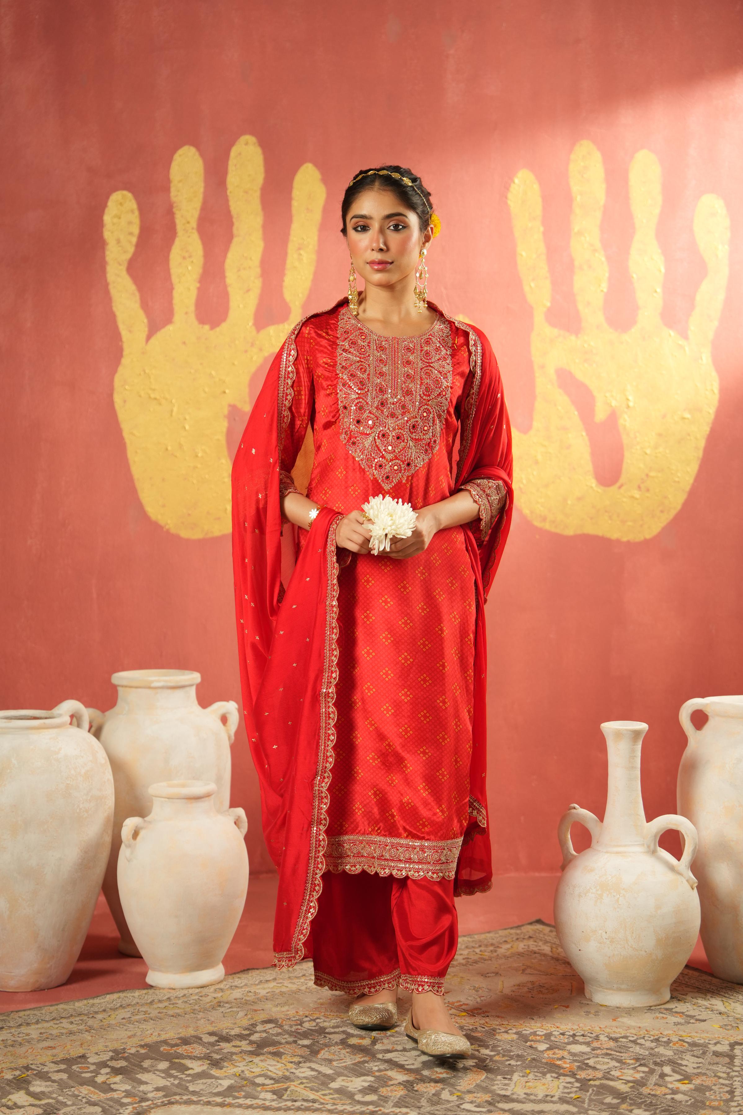 Crimson Red Embellished Chinon Silk Pant Set