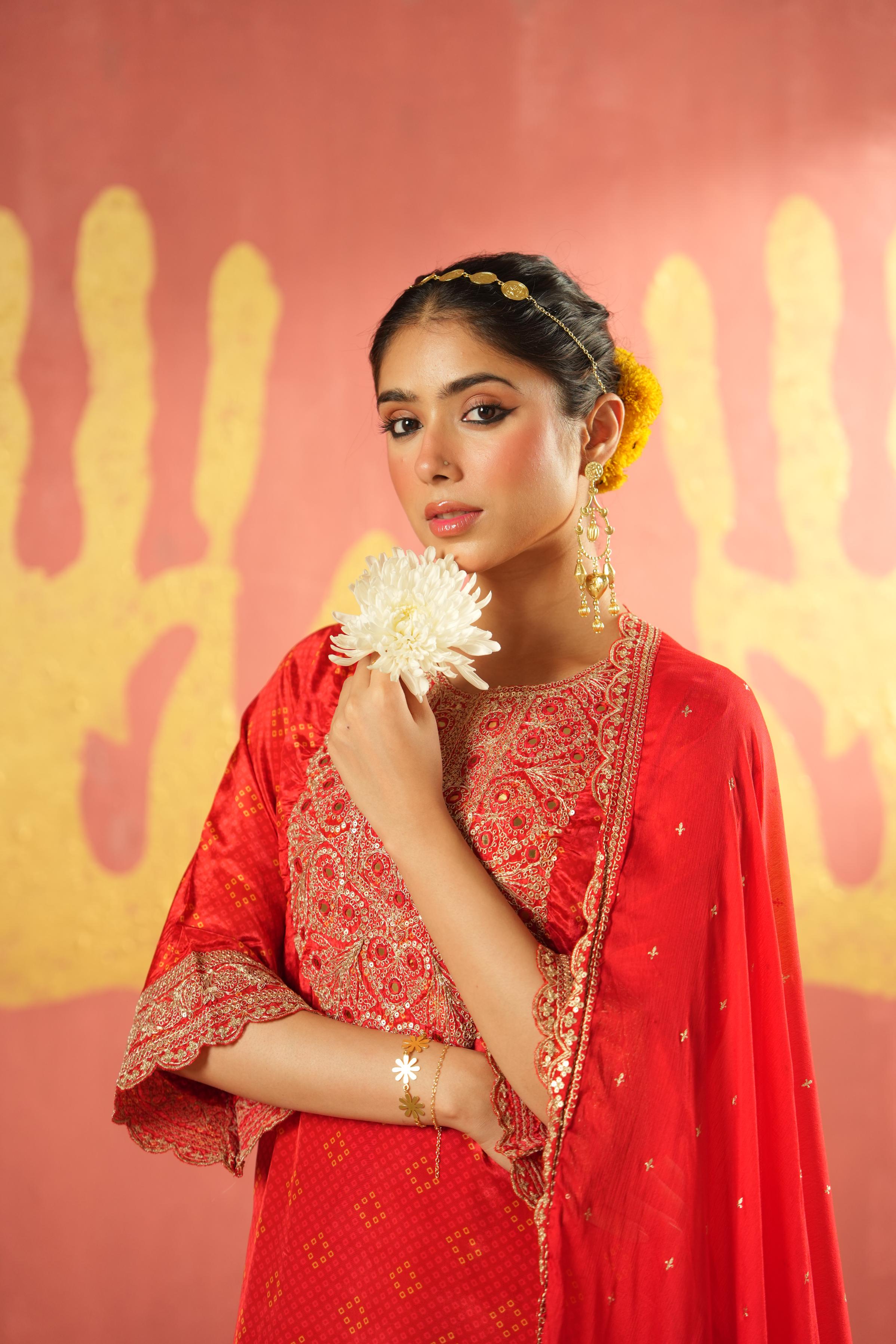 Crimson Red Embellished Chinon Silk Pant Set