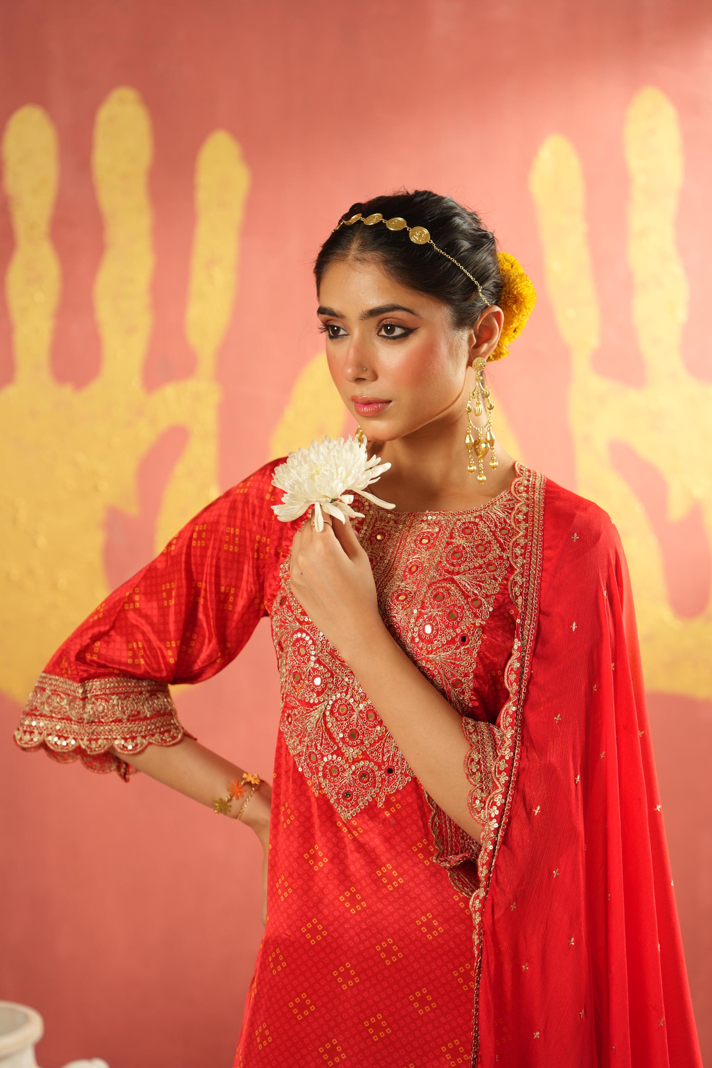 Crimson Red Embellished Chinon Silk Pant Set