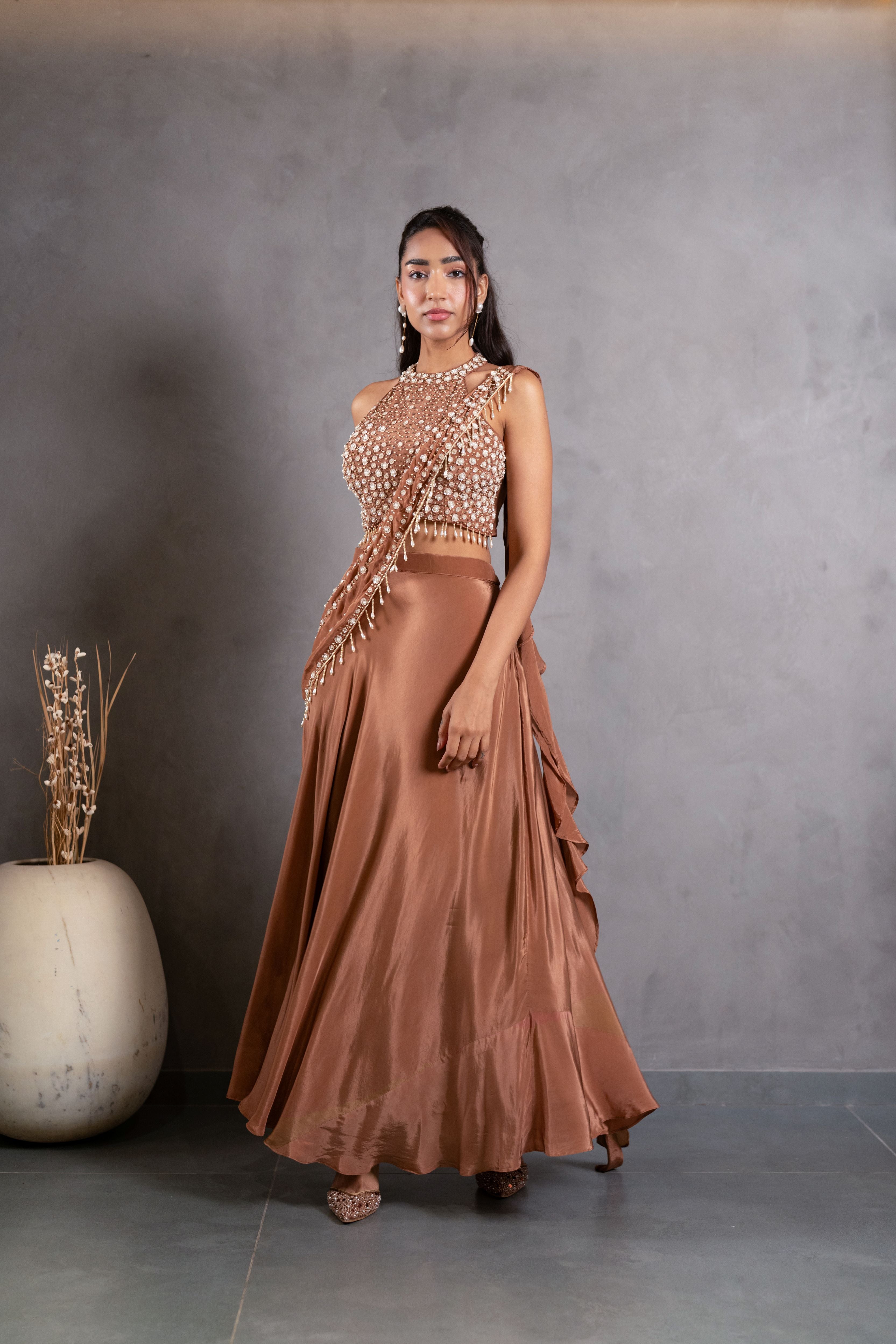 Almond Brown Embellished Crepe Silk Skirt Set