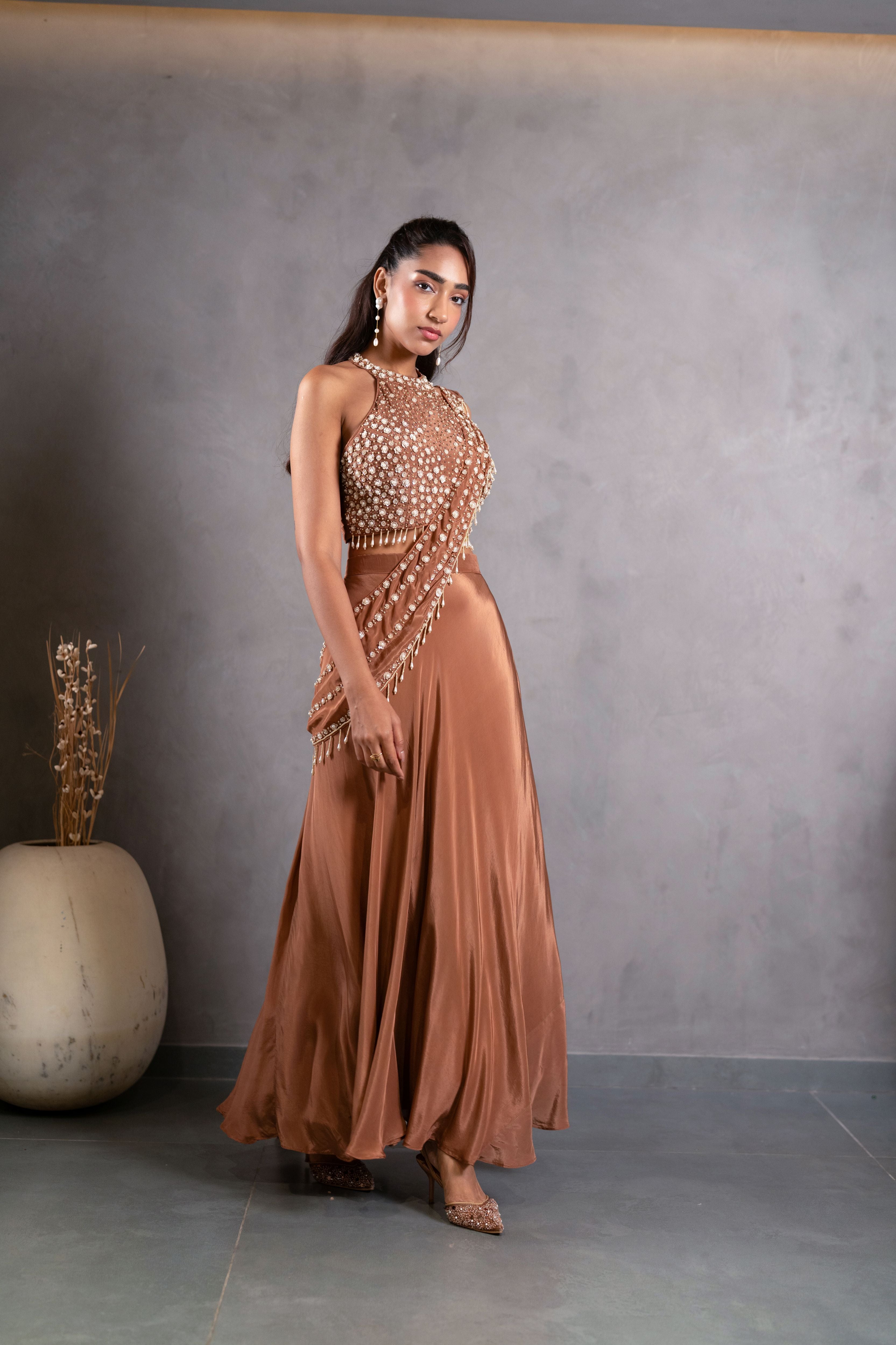 Almond Brown Embellished Crepe Silk Skirt Set