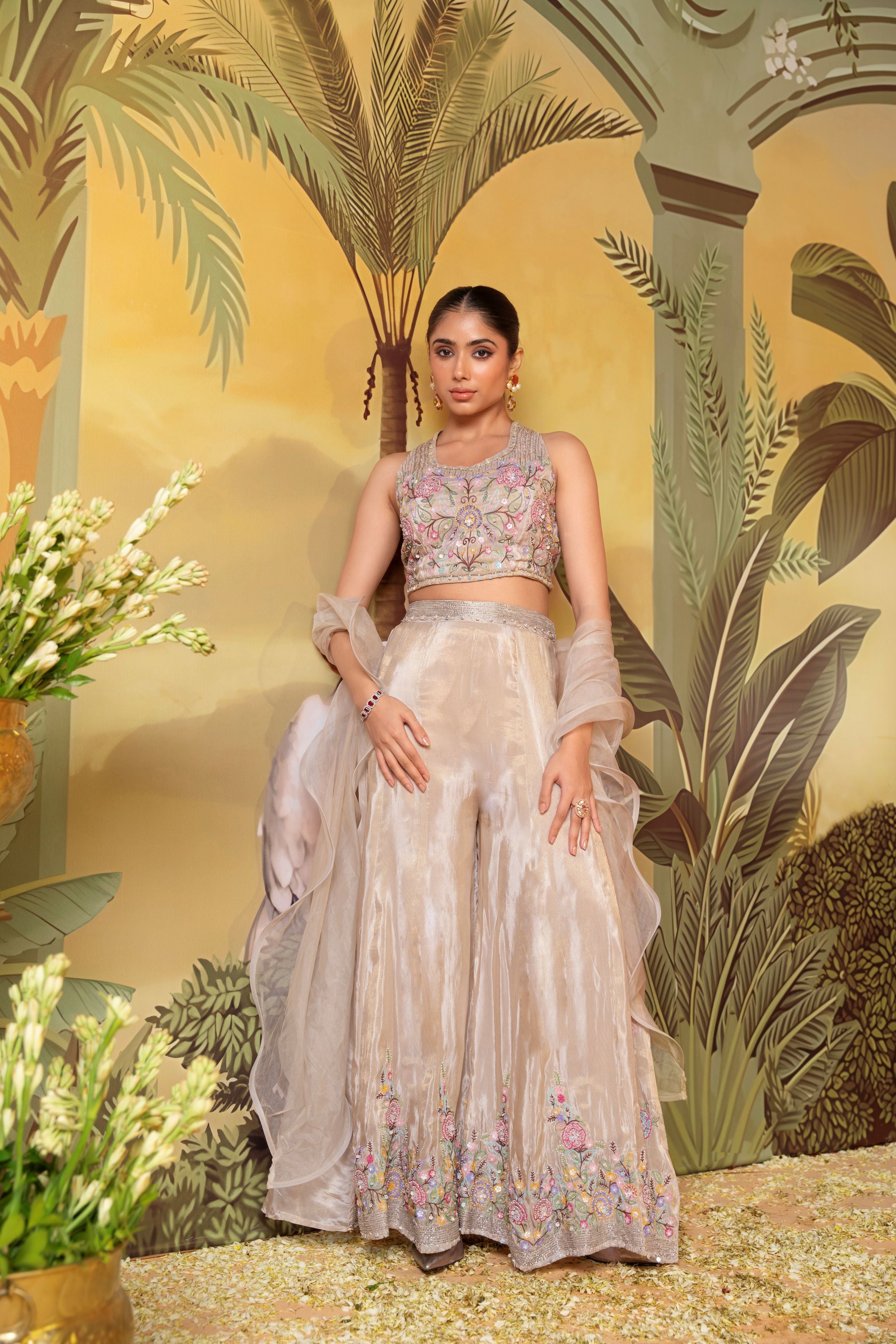 Champagne Beige Embellished Organza Silk Palazzo Set