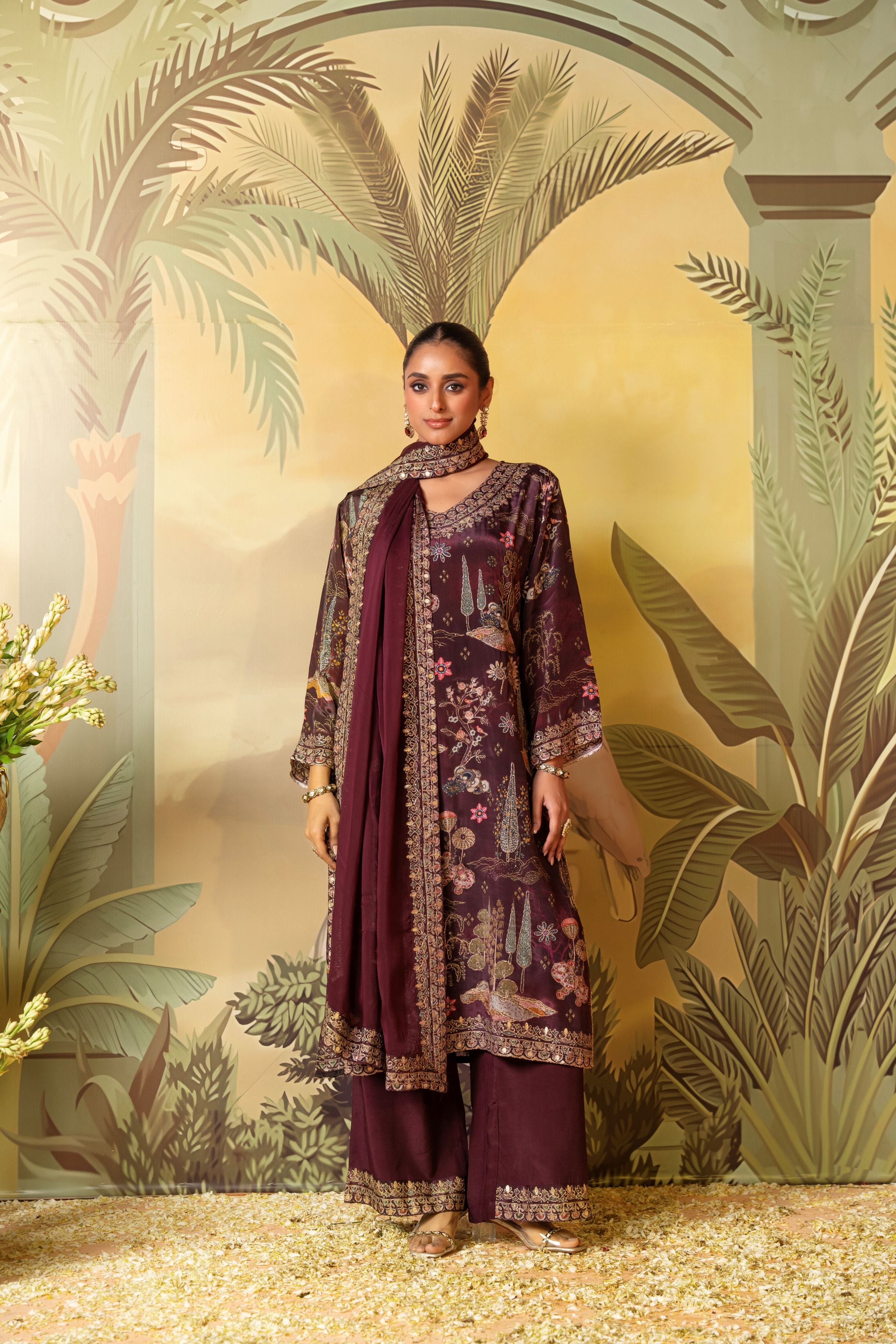 Burgundy Wine Embellished Satin Silk Pant Set