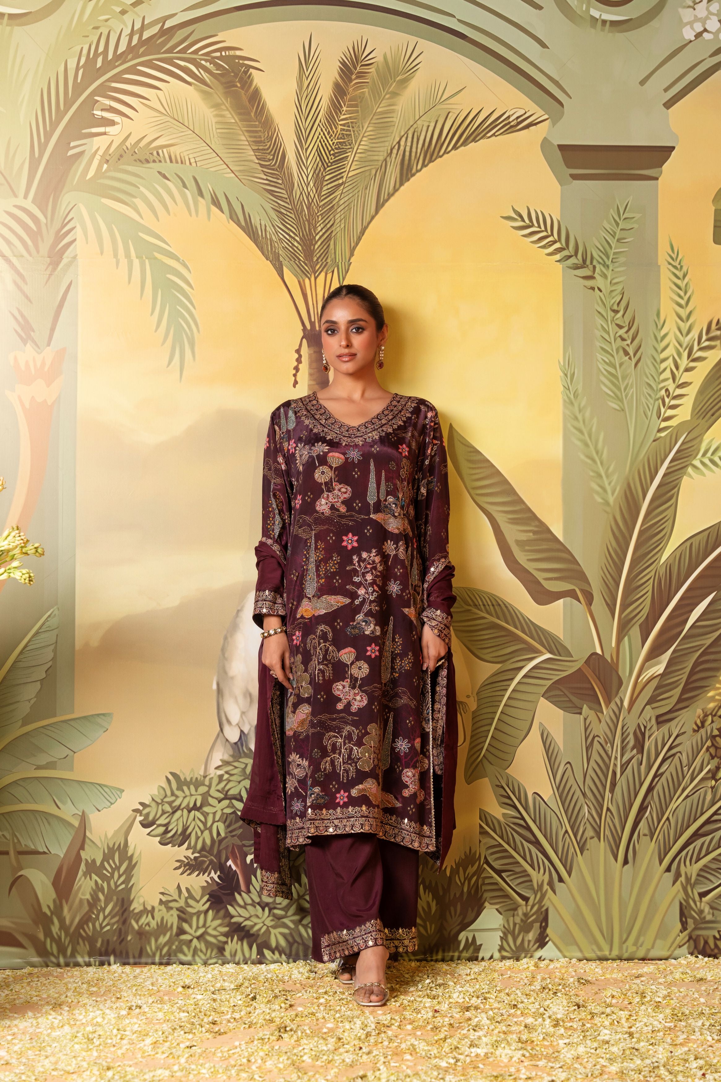 Burgundy Wine Embellished Satin Silk Pant Set