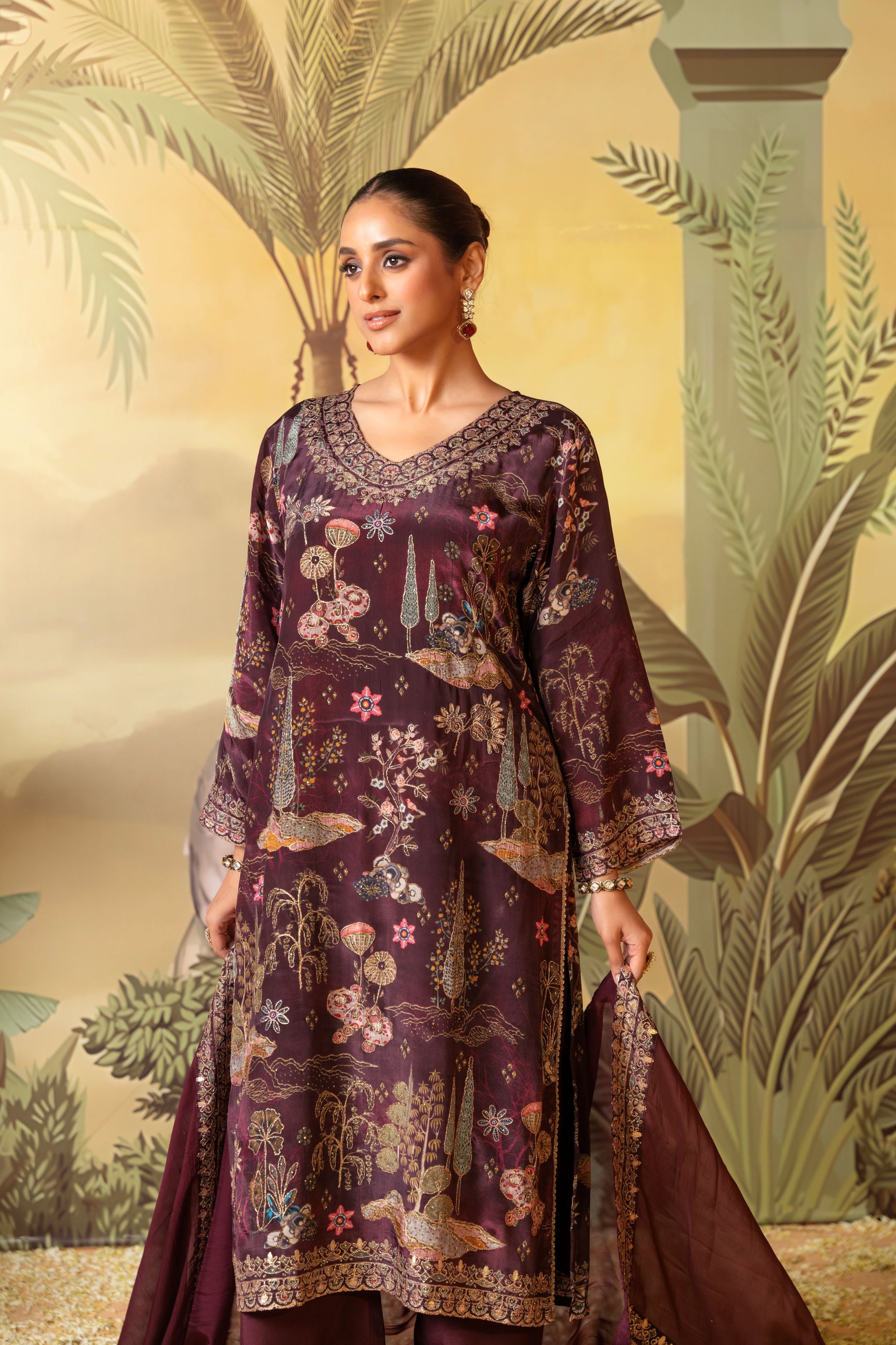 Burgundy Wine Embellished Satin Silk Pant Set