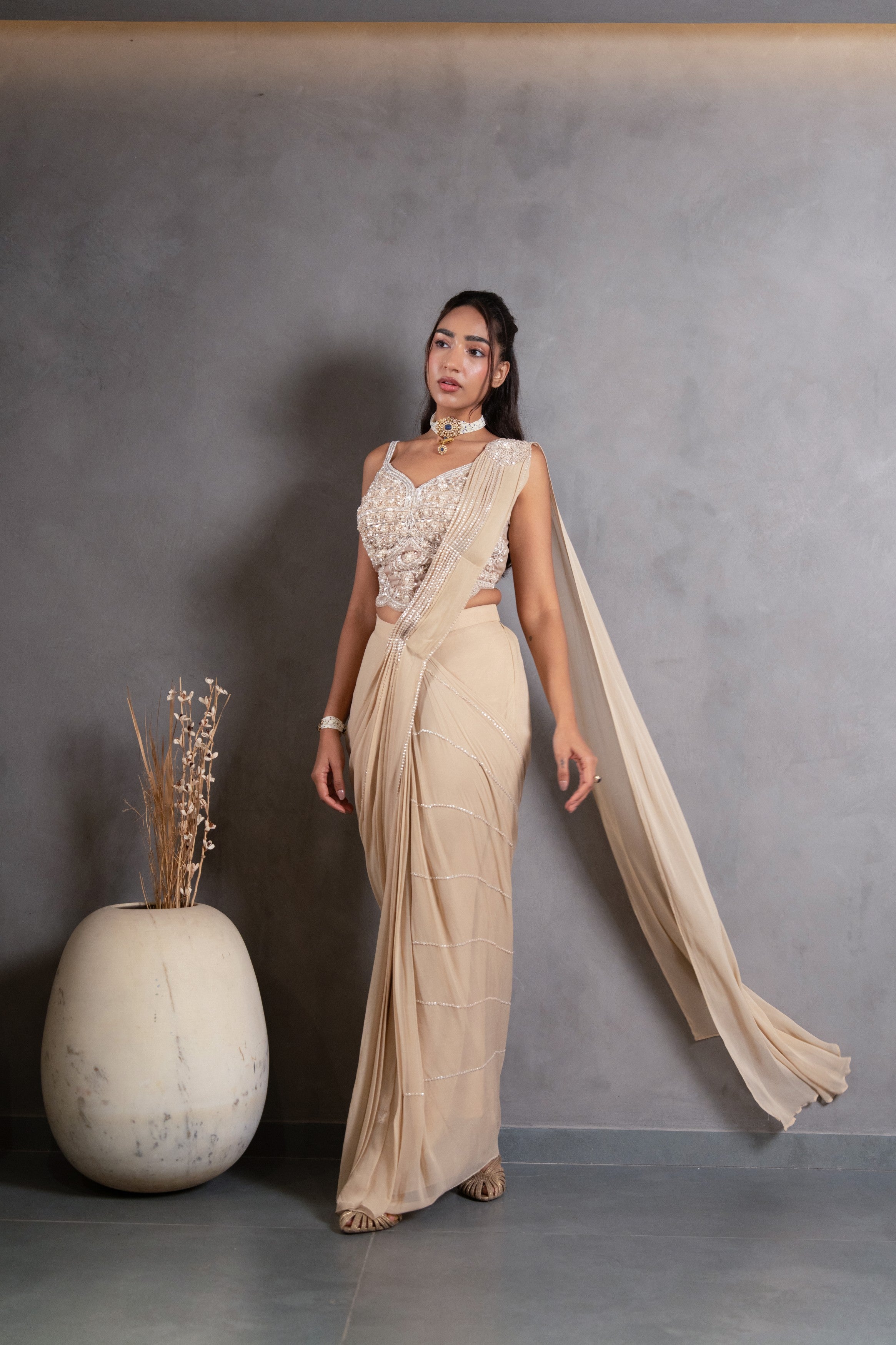 Champagne Beige Embellished Chinon Silk Pre-Draped Saree
