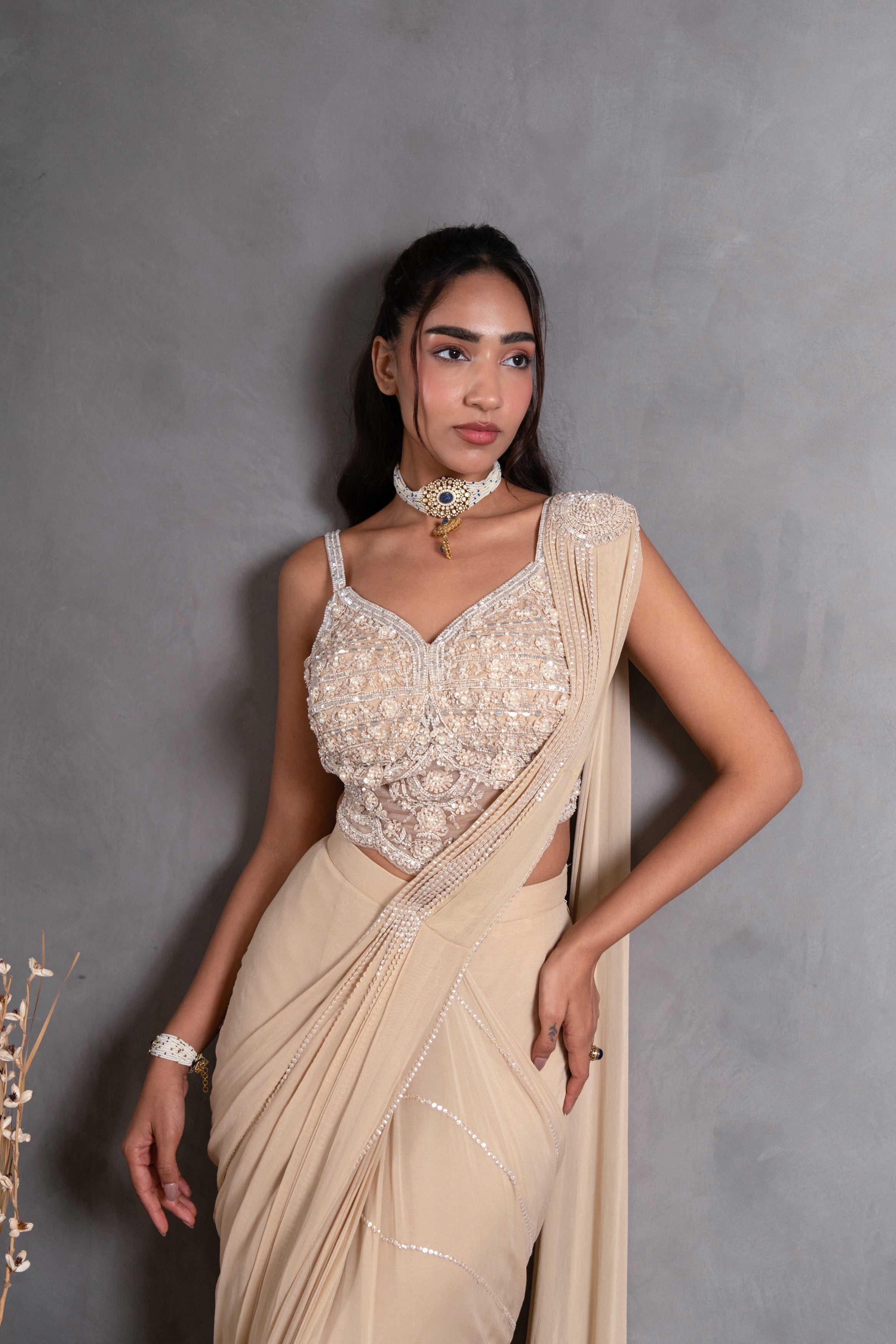 Champagne Beige Embellished Chinon Silk Pre-Draped Saree