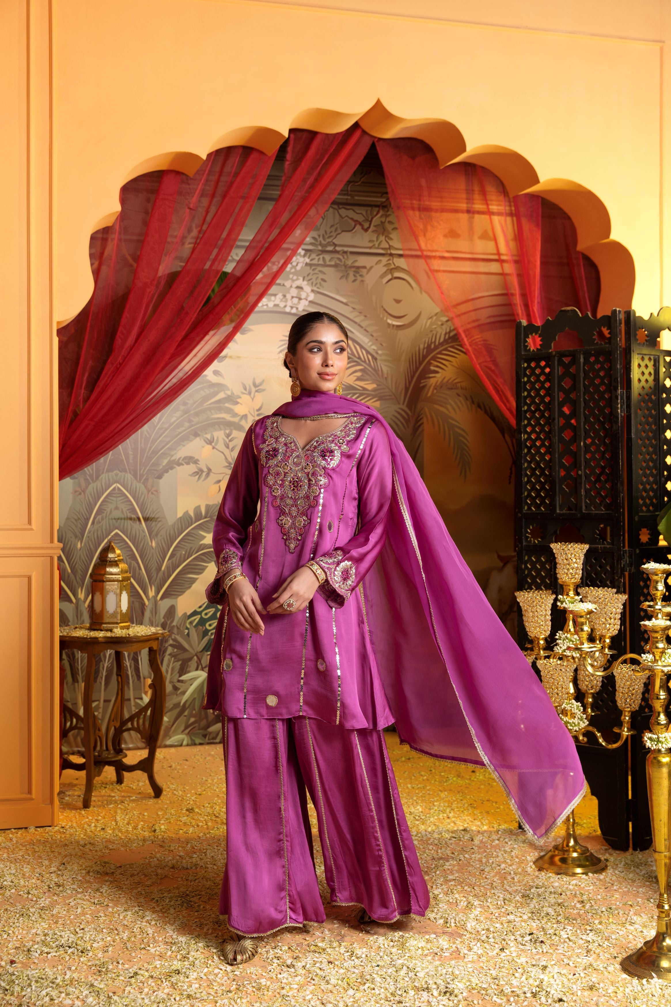 Rich Purple Embellished Crepe Silk Palazzo Set
