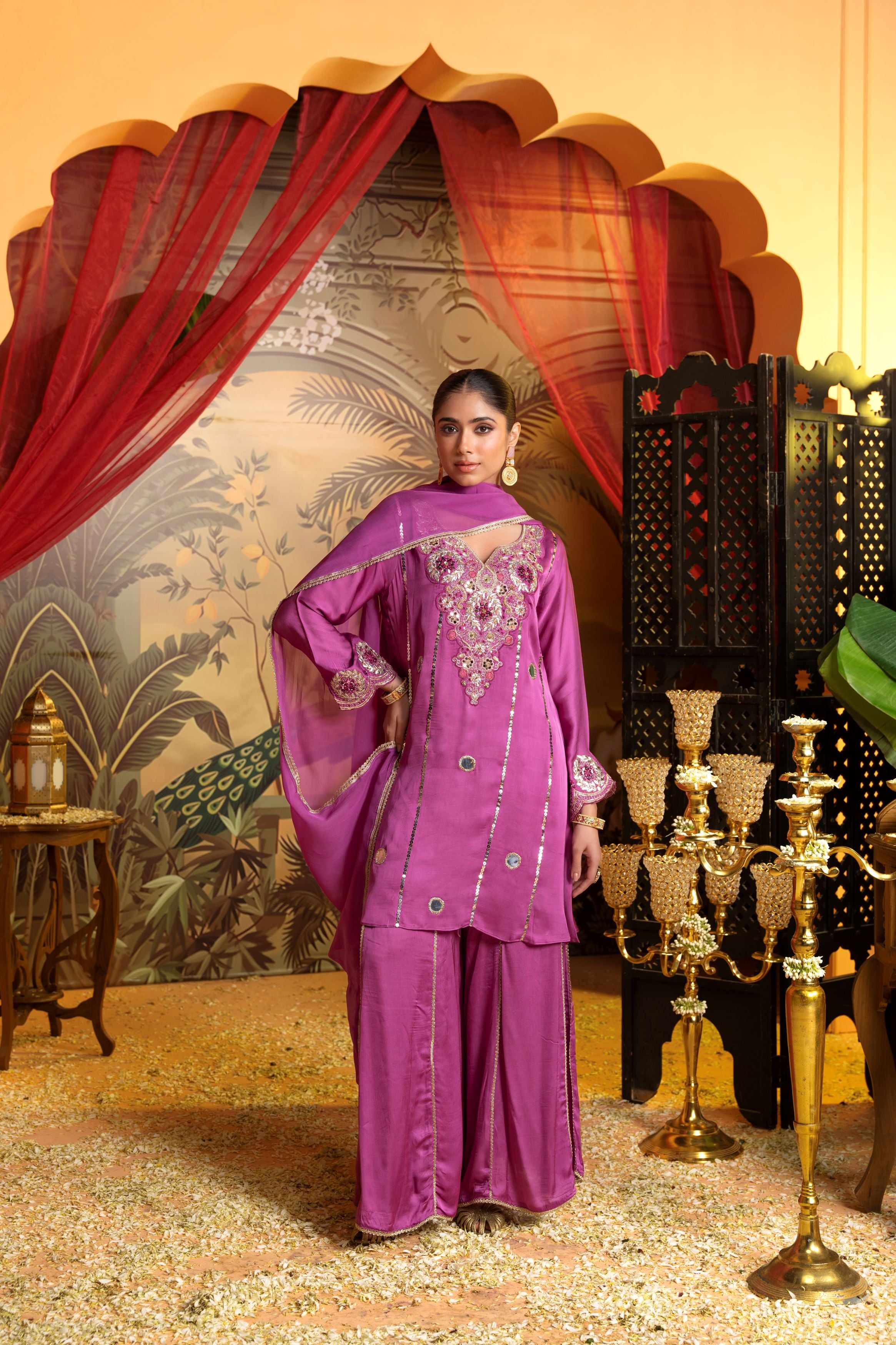Rich Purple Embellished Crepe Silk Palazzo Set