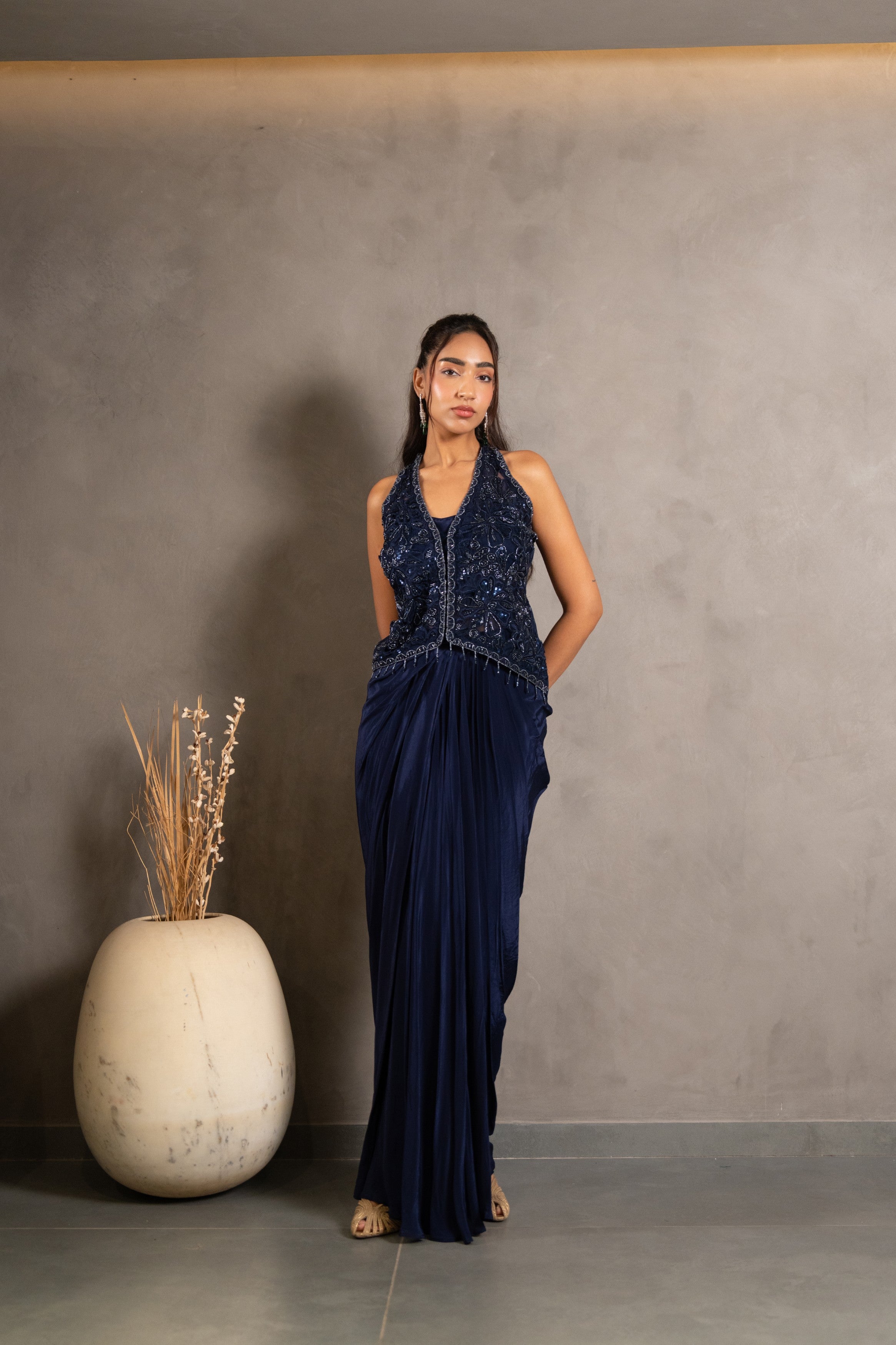 Starlit Navy Embellished Crepe Silk Skirt Set
