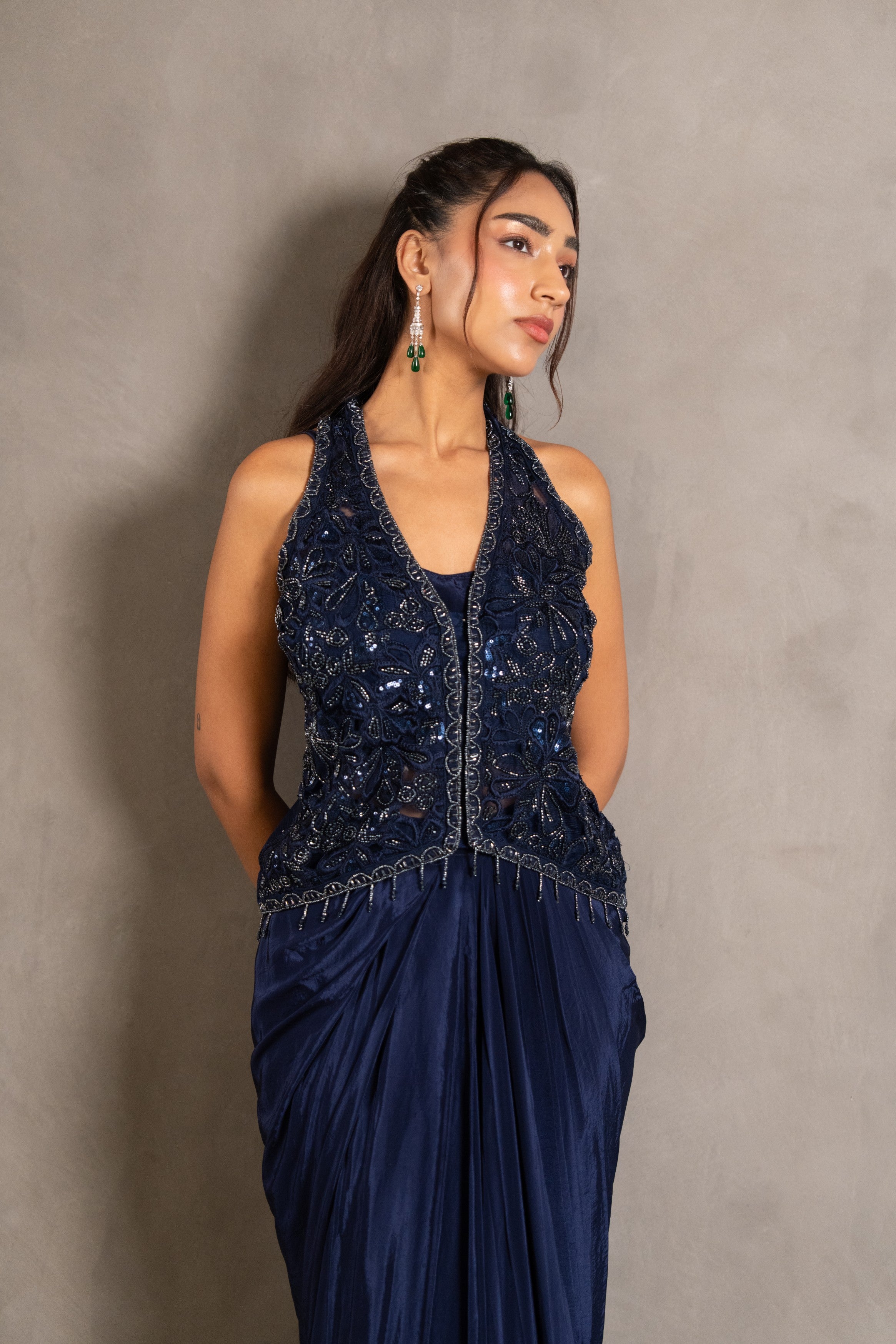 Starlit Navy Embellished Crepe Silk Skirt Set