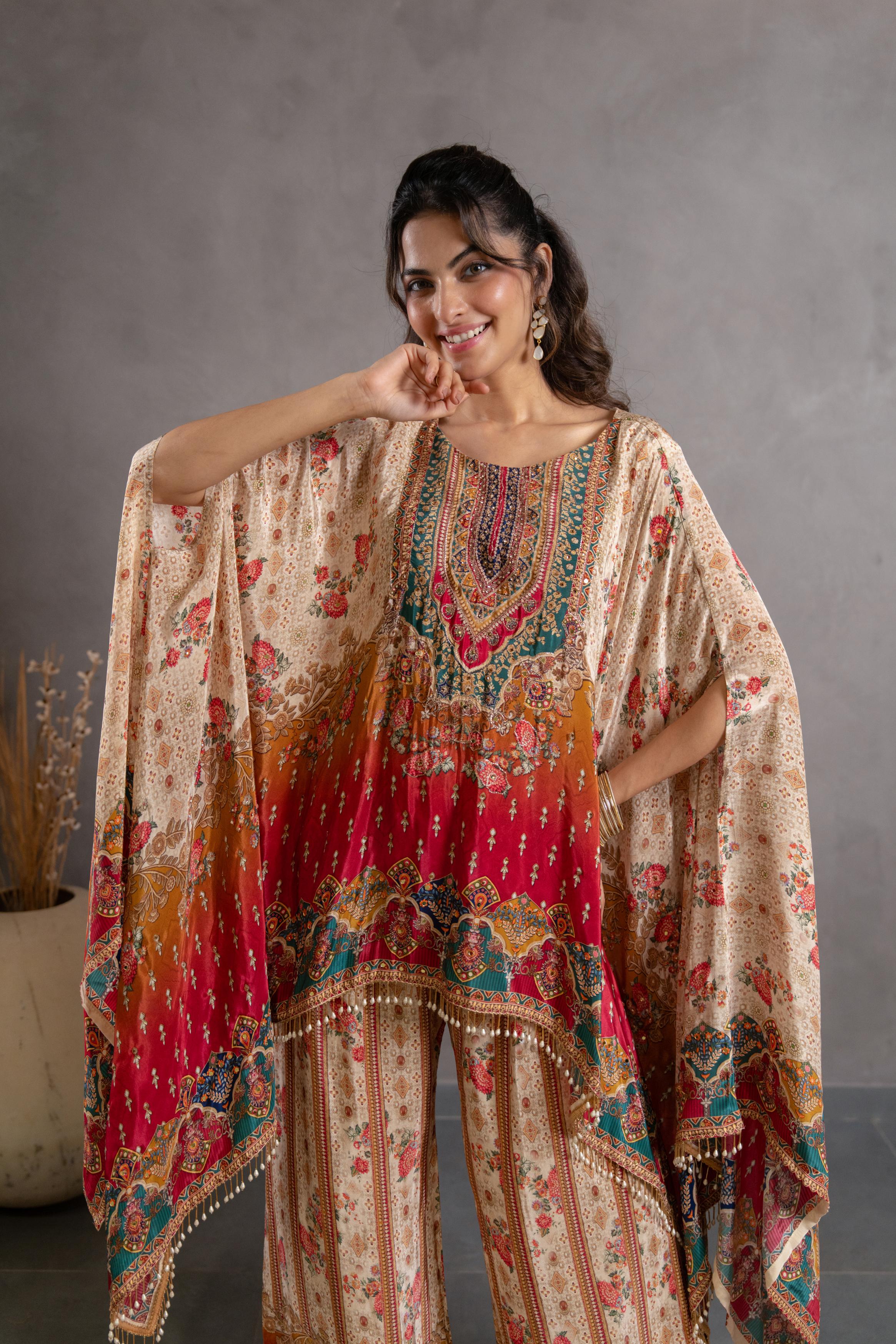 Multicolor Printed Crepe Silk Kaftan Set