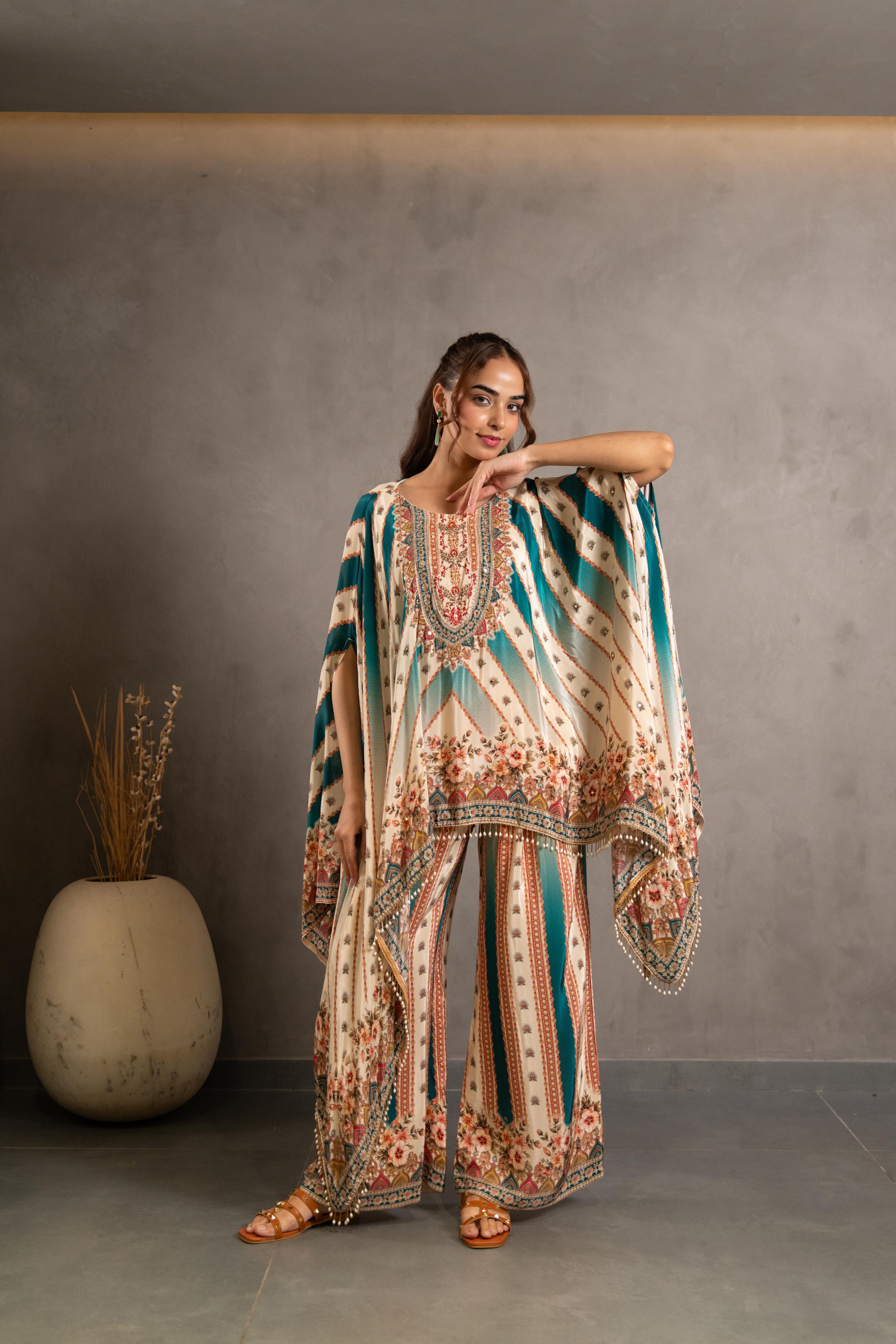 Peacock Teal Printed Crepe Silk Kaftan Set