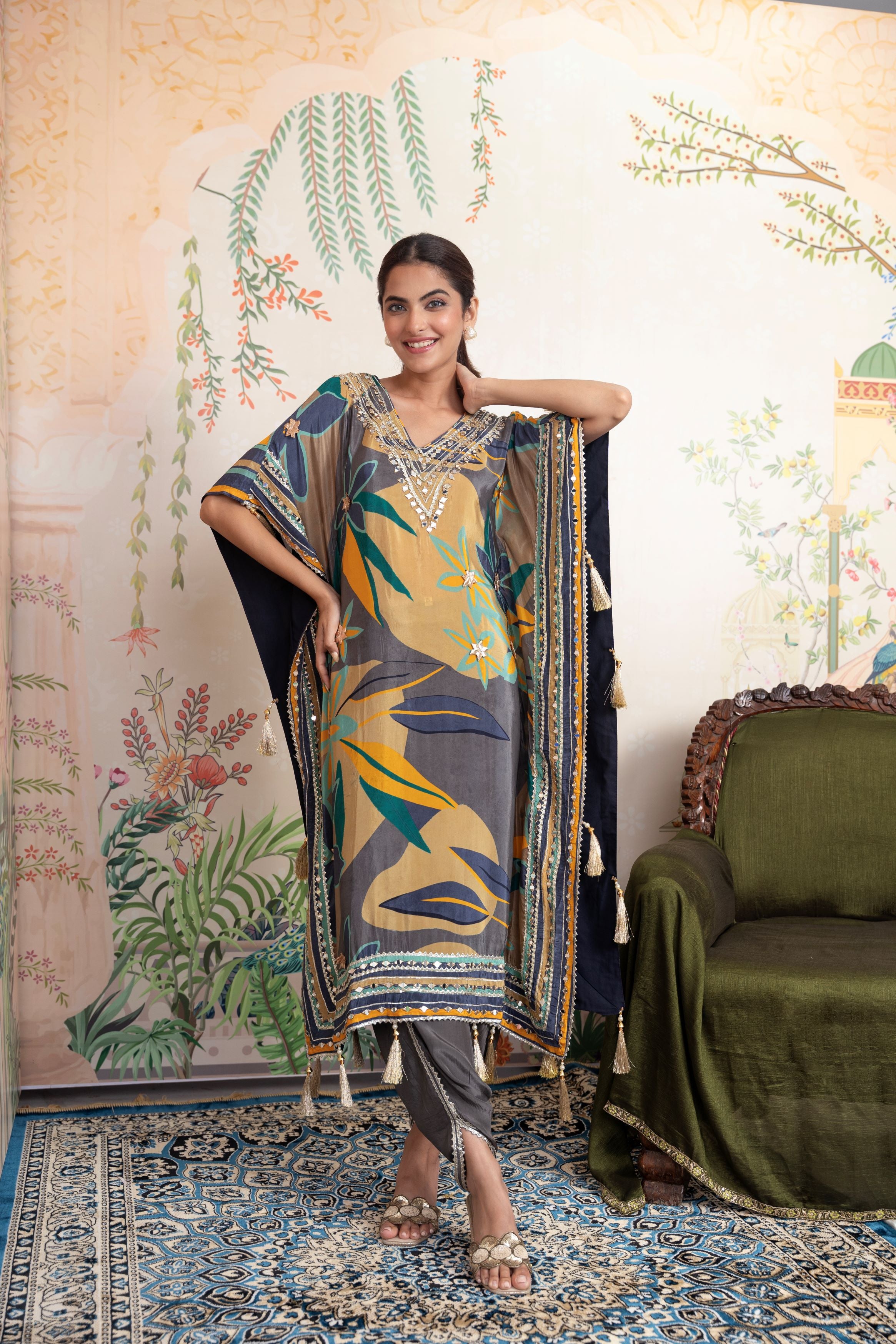 Olive Green Digital Printed Premium Silk Kaftan Set