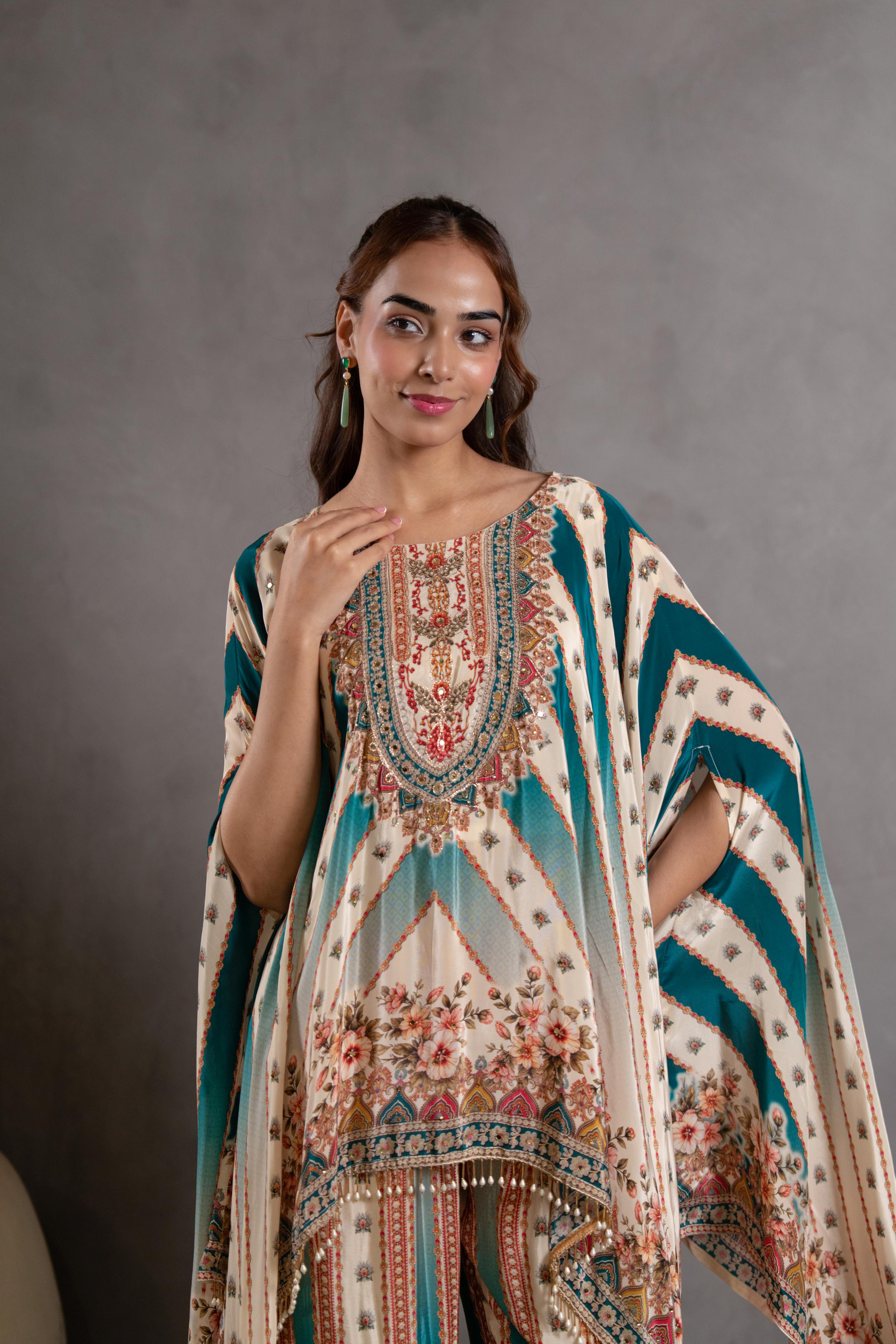Peacock Teal Printed Crepe Silk Kaftan Set