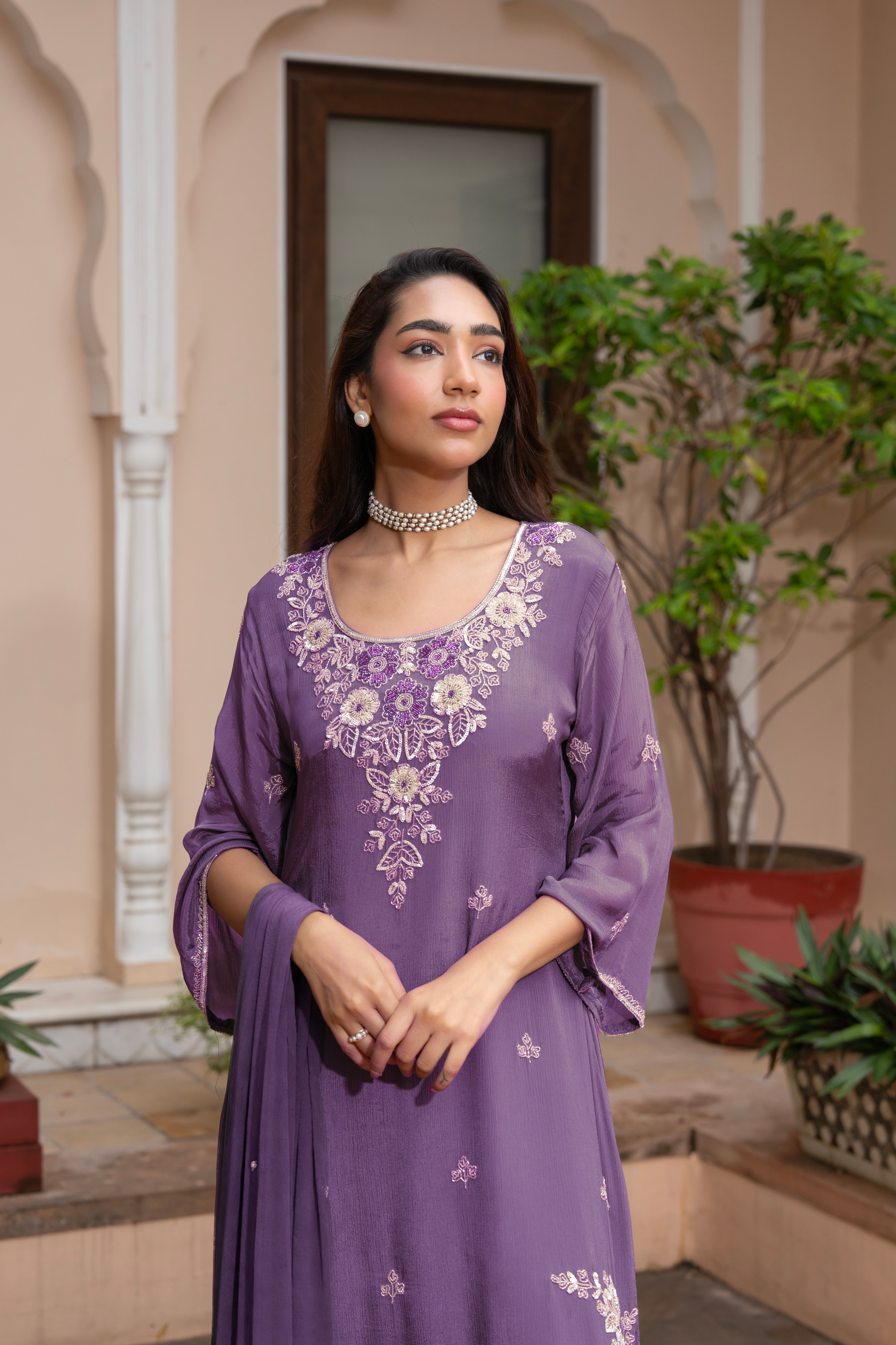 Purple Muse Embellished Chinon Silk Kurta Set