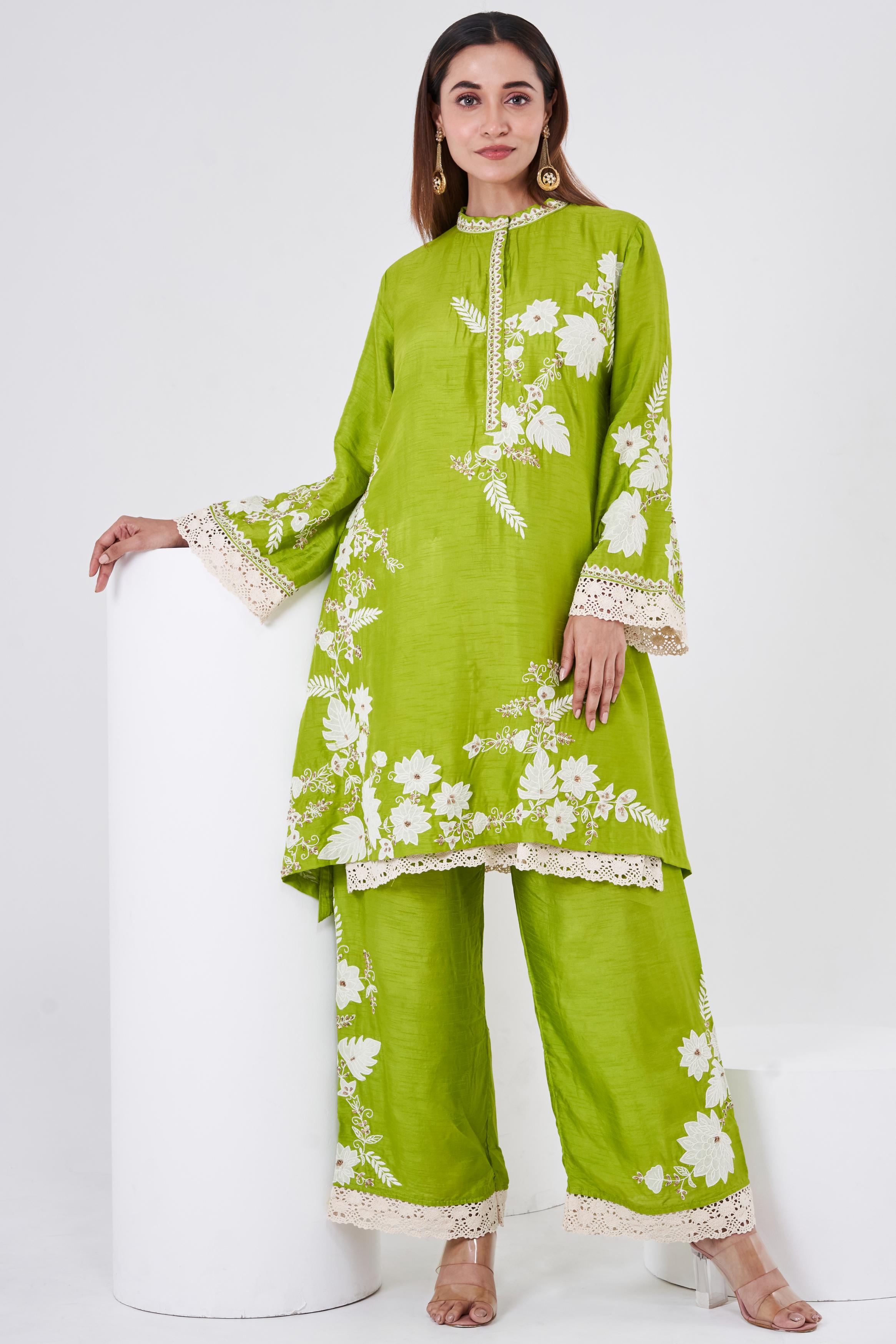 Parrot Green Embellished Chinon Silk Co-Ord Set