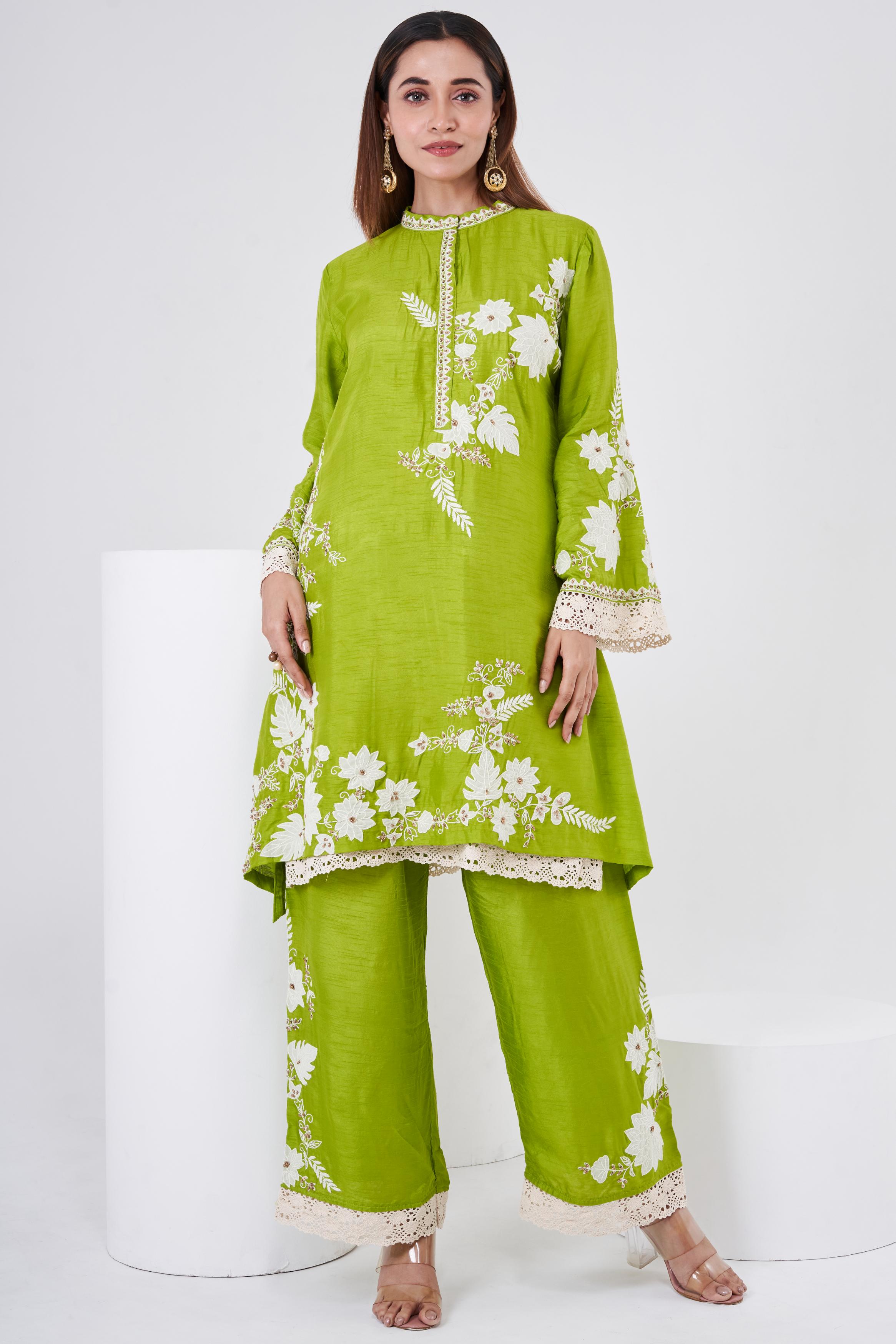 Parrot Green Embellished Chinon Silk Co-Ord Set