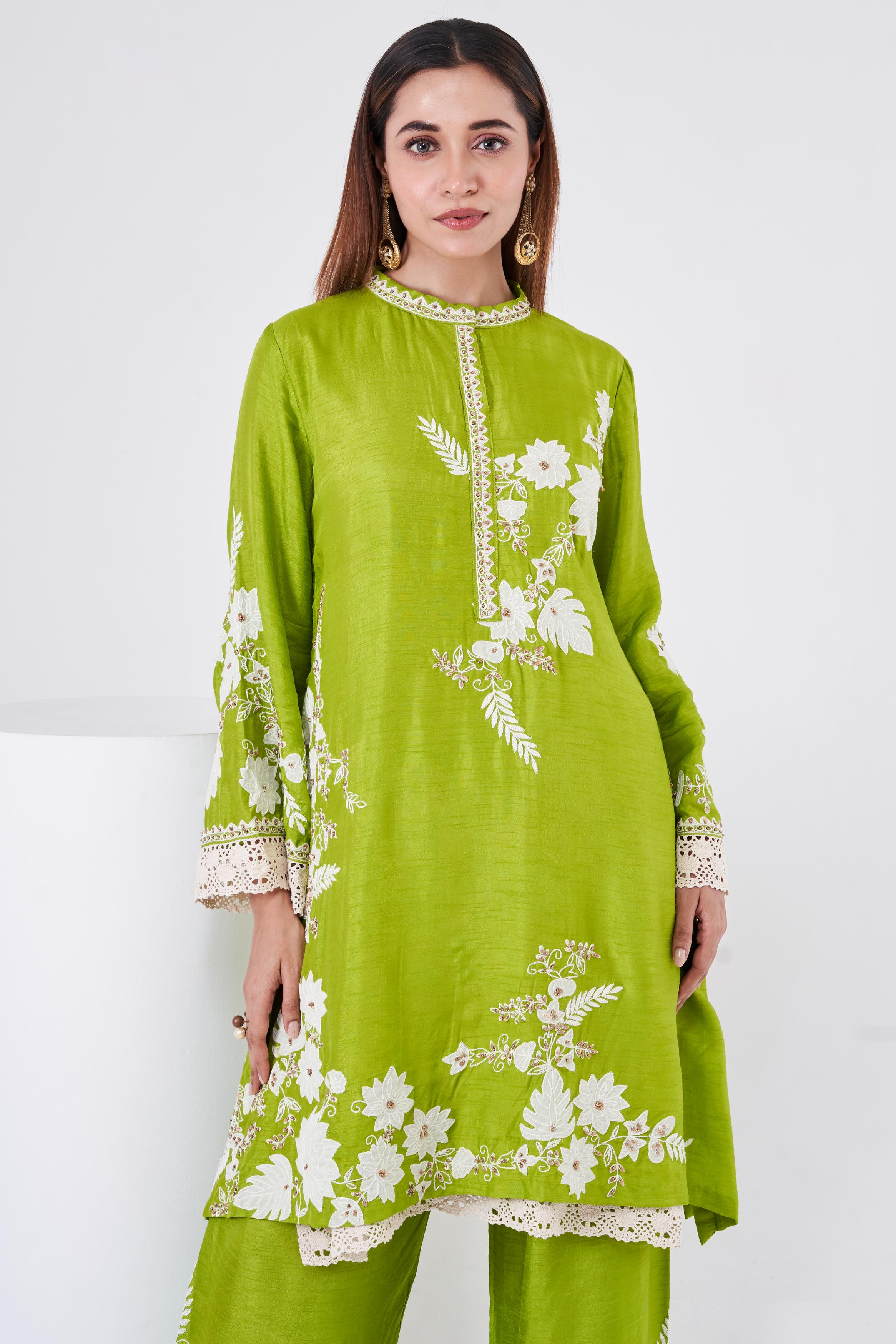Parrot Green Embellished Chinon Silk Co-Ord Set