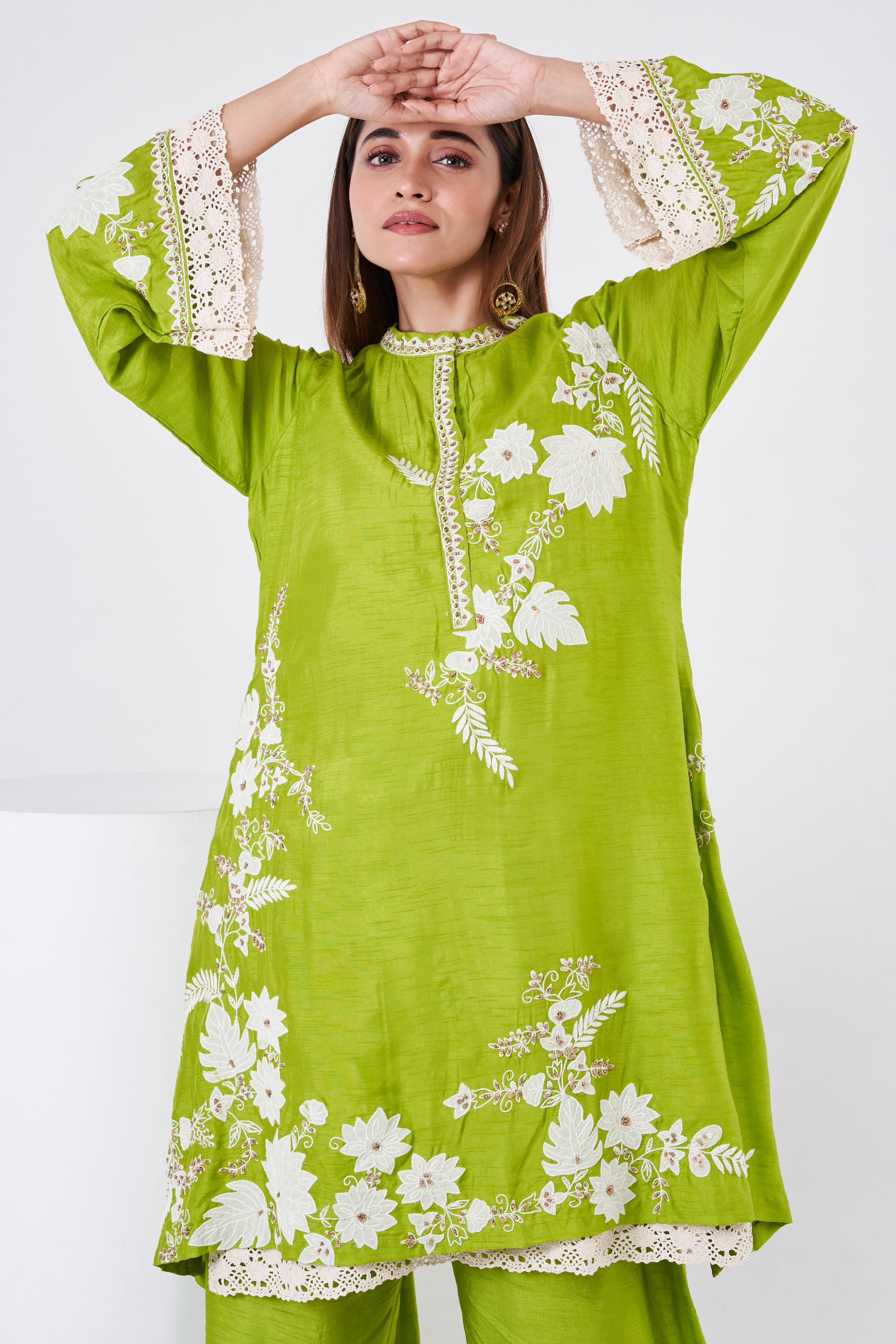 Parrot Green Embellished Chinon Silk Co-Ord Set