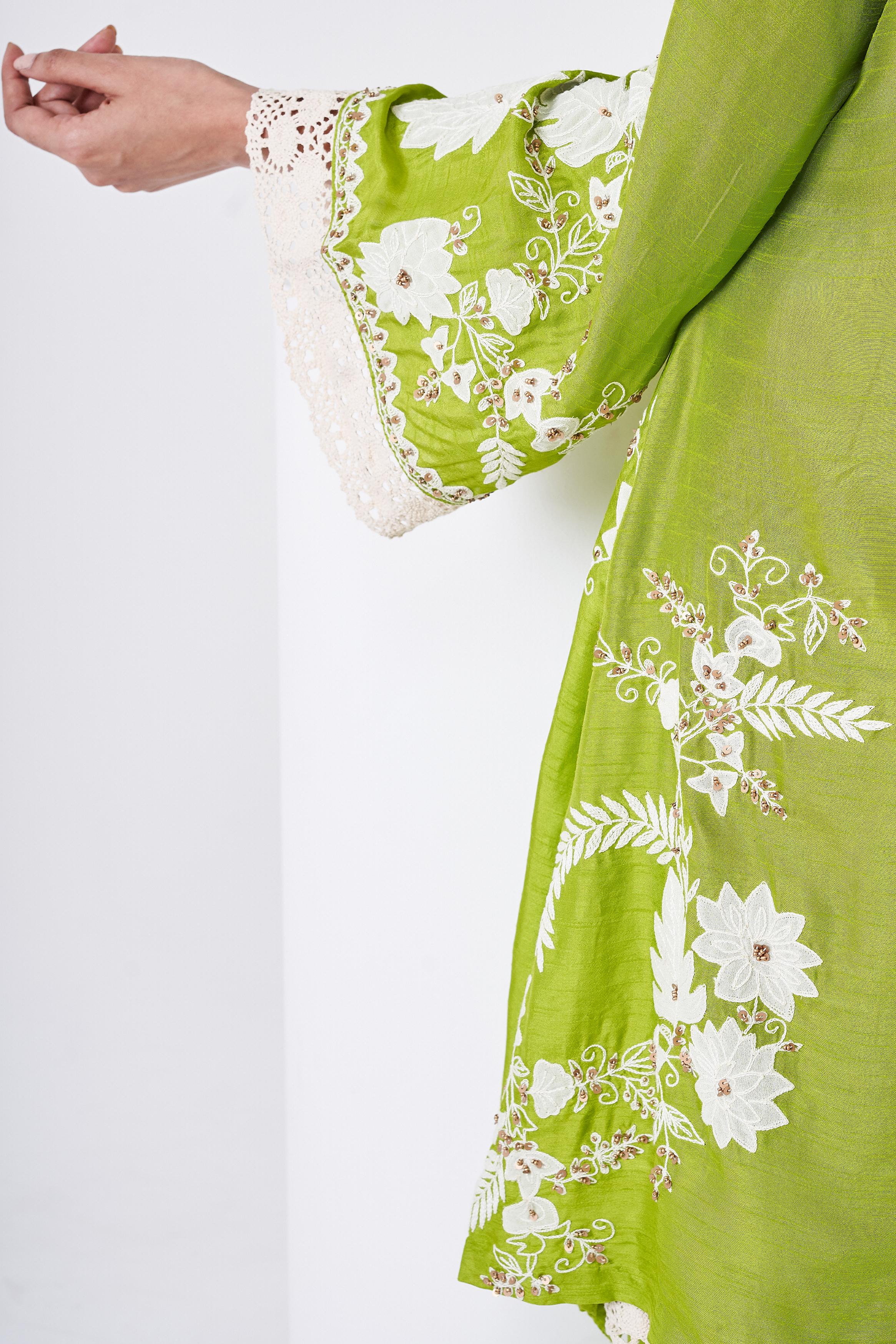 Parrot Green Embellished Chinon Silk Co-Ord Set